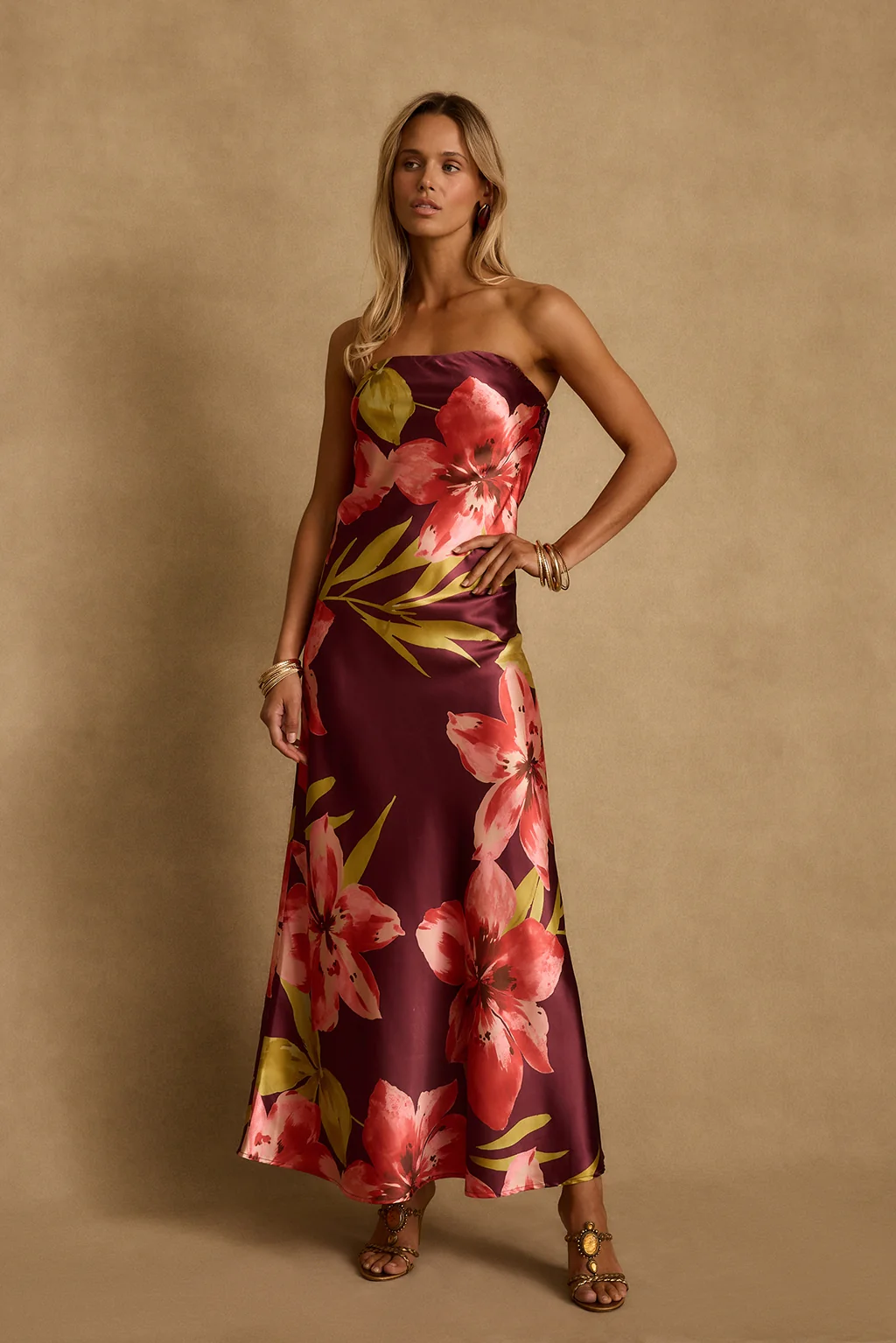 Natalia Plum Floral Strapless Maxi Dress