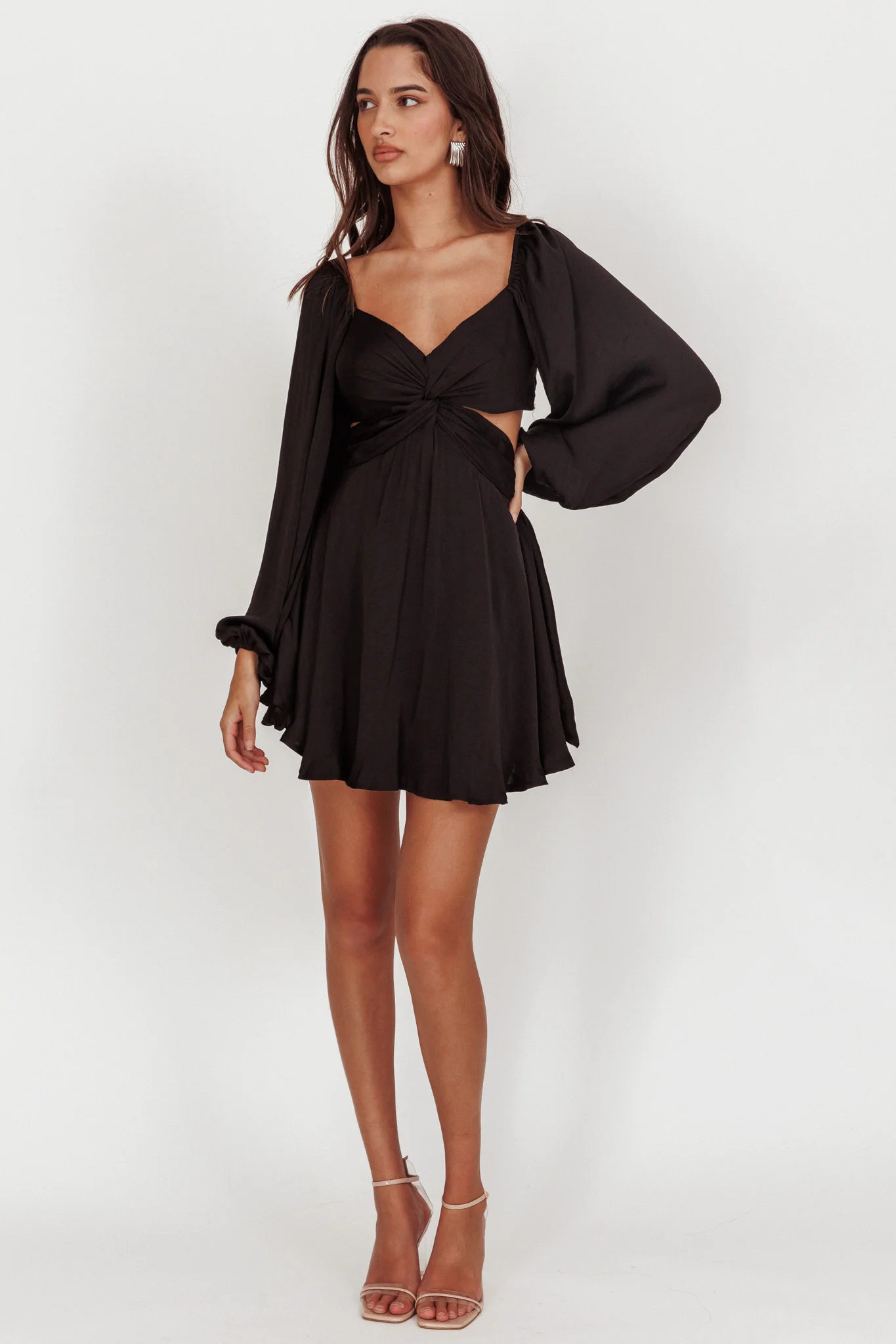 Miraya Balloon Sleeve Twist Mini Dress Black - luluinthesky