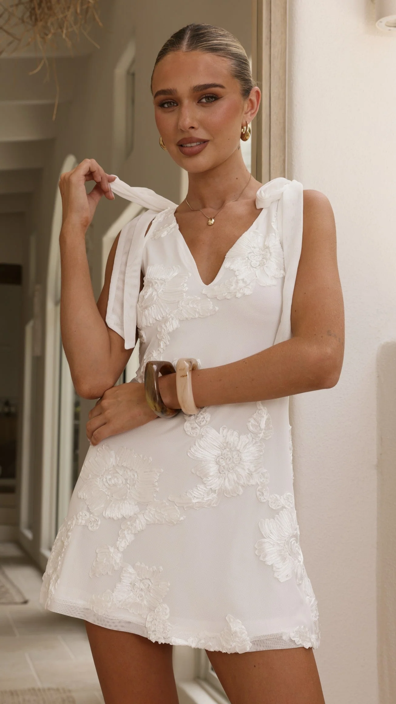 Usha Tie Strap Mini Dress - White