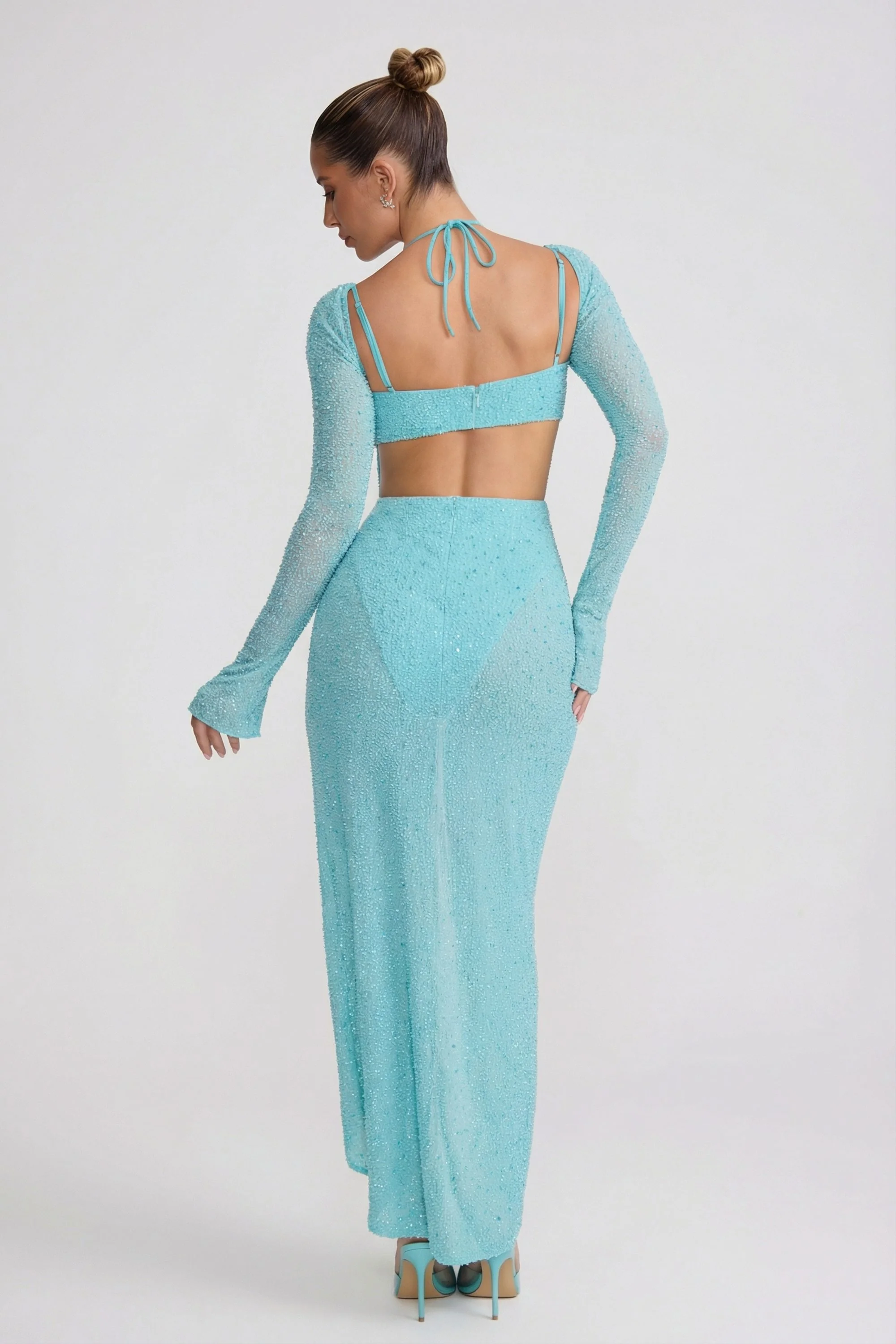 Embellished Cowl Neck Maxi Dress in Aquamarine