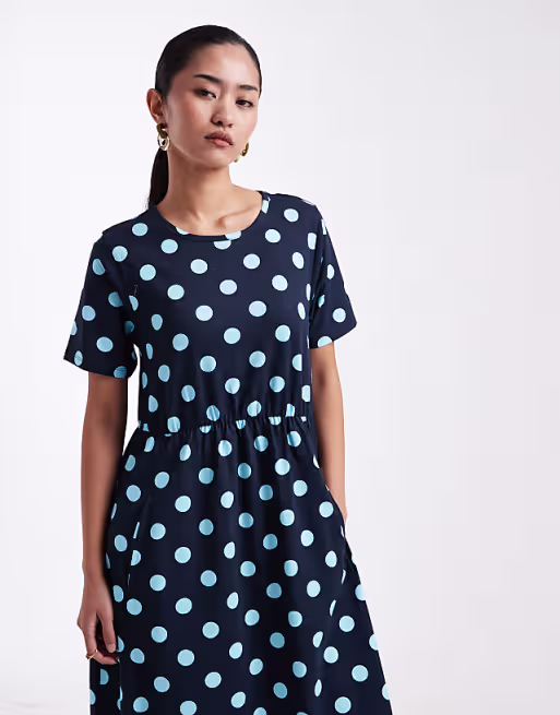 Threadbare jersey short sleeve midi dress in navy and blue polka-dot print