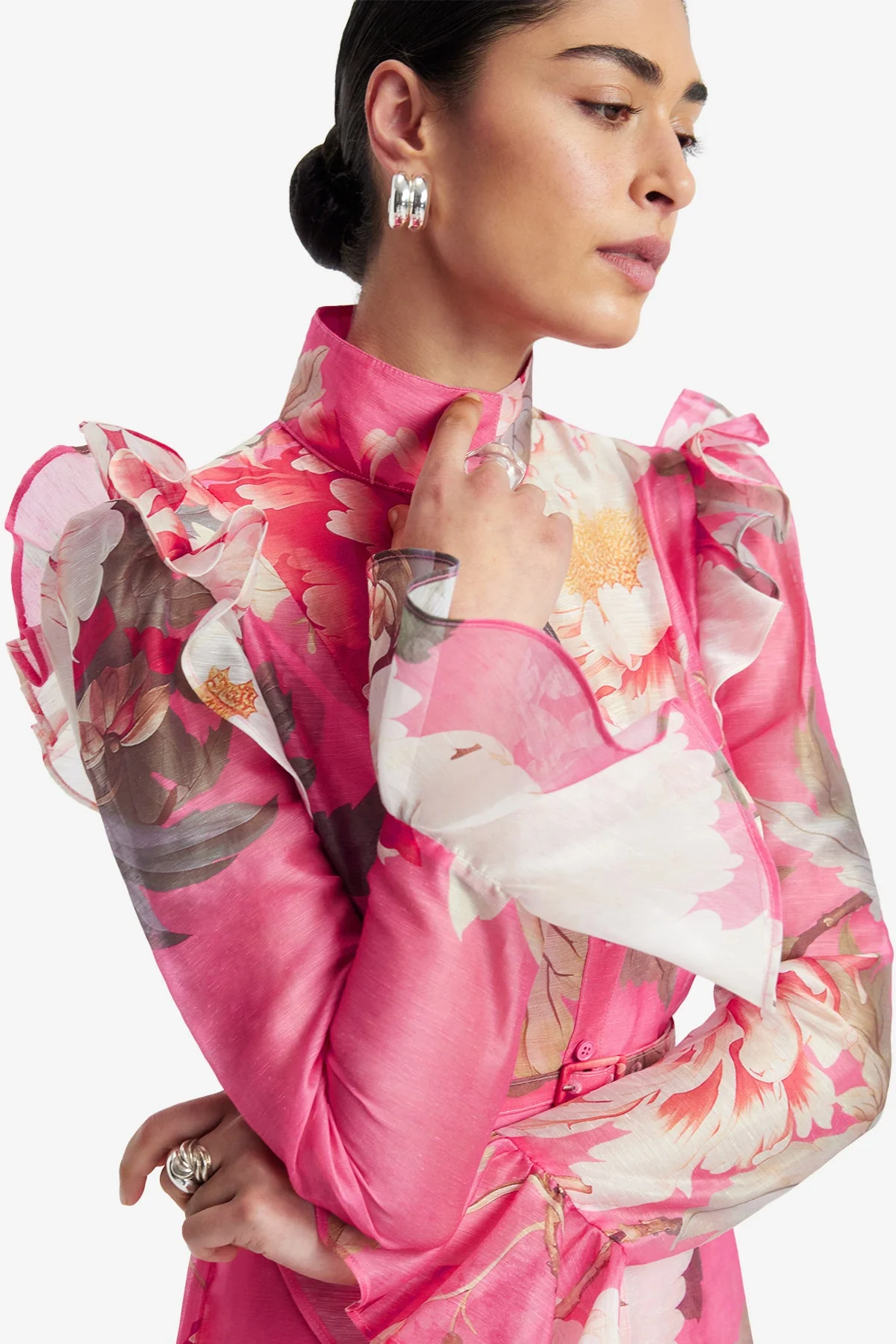 Katrina Butterfly Sleeve Midi Dress - Peony Print in Fuchsia