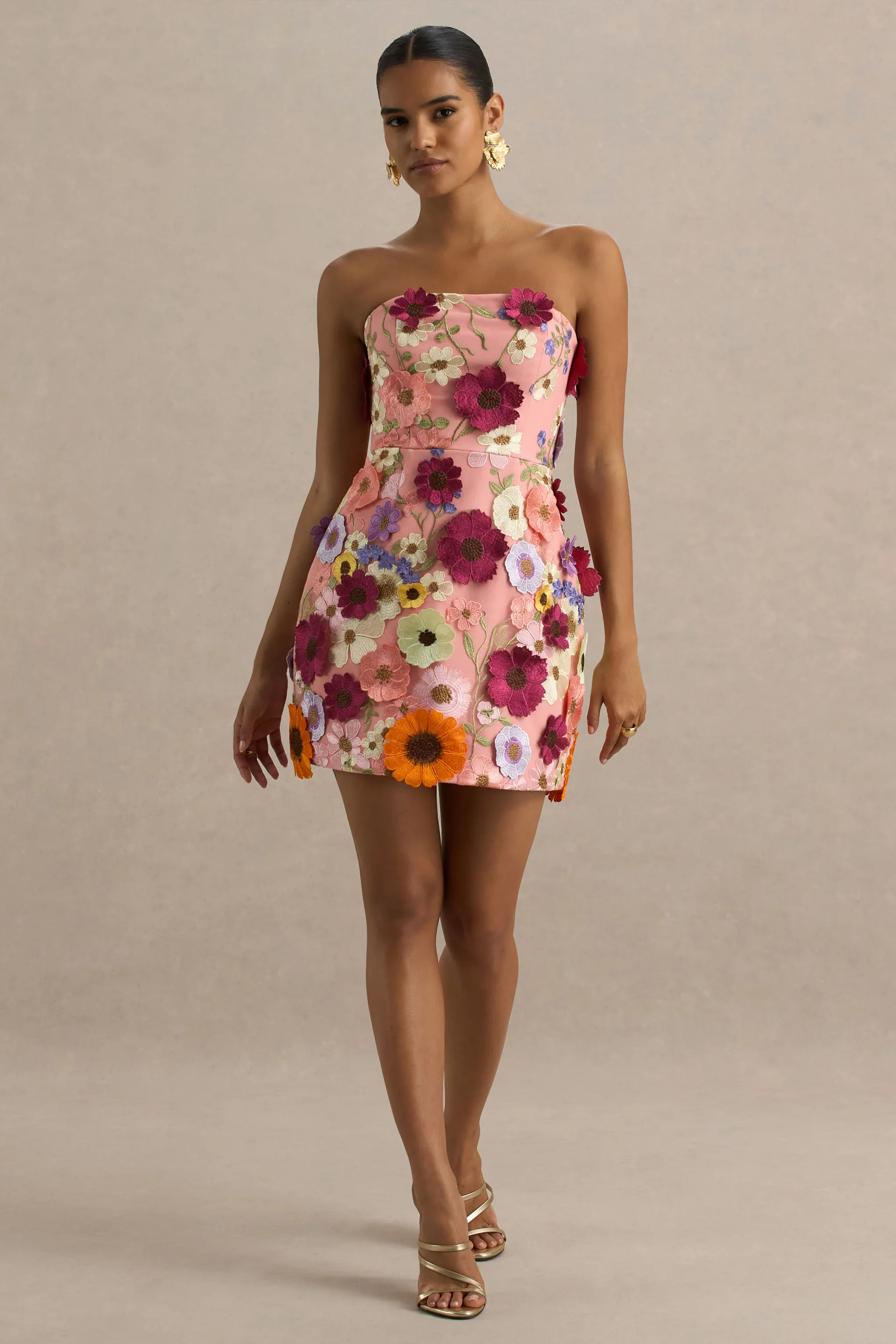 Kristen | Pink Floral Bandeau-Neck Mini Dress