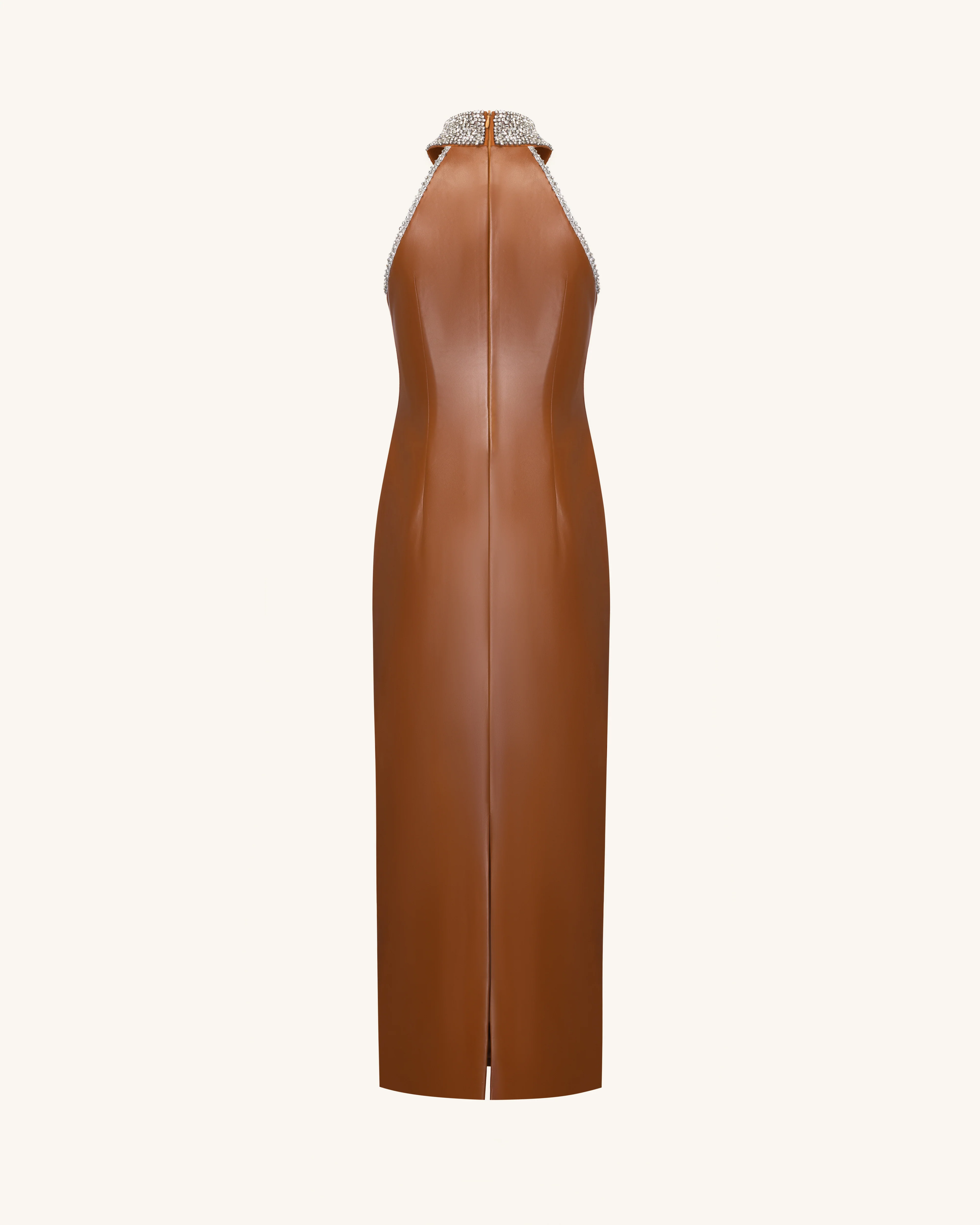 Jeweled High Neck Halter Maxi Dress - Caramel Brown - FASHION NOB