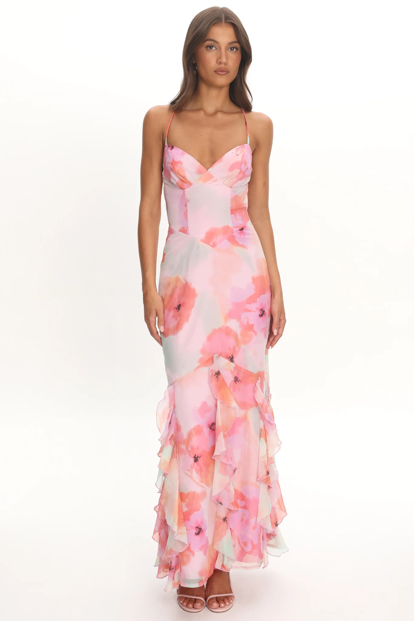 Charlisa Strappy Back Ruffle Maxi Dress Flowers Pink - luluinthesky