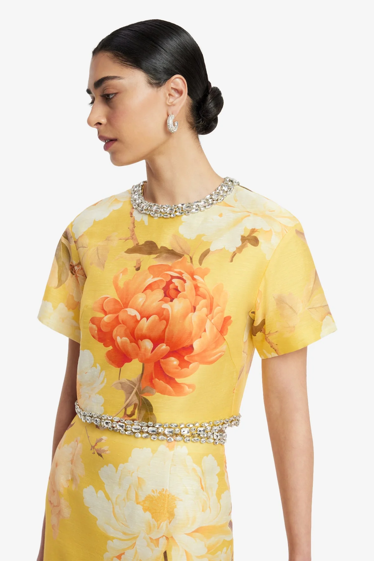 Indie Embellished Sleeve Top - Peony Print in Yellow
