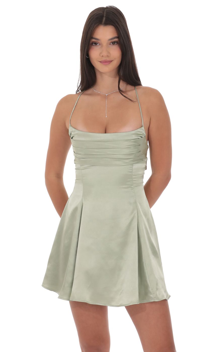 Satin Draped A-Line Dress in Sage