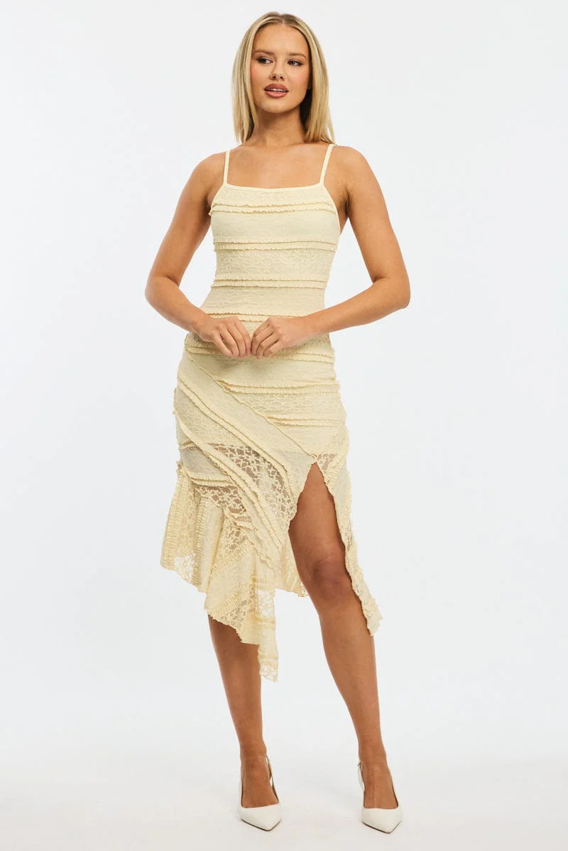 Yellow Midi Dress Asymmetric Hem Lace