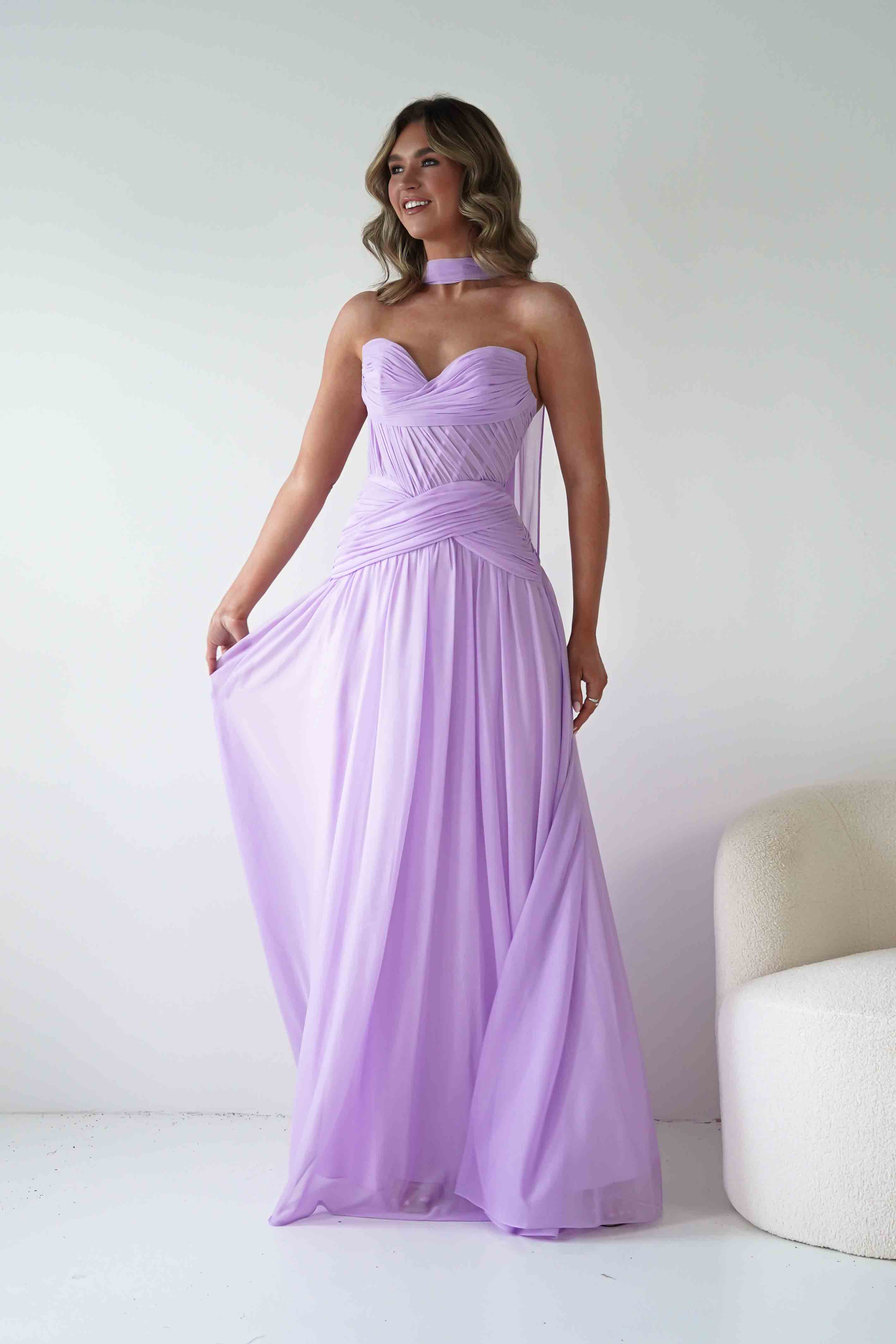 Nicolette Strapless Chiffon Maxi Gown | Lavender