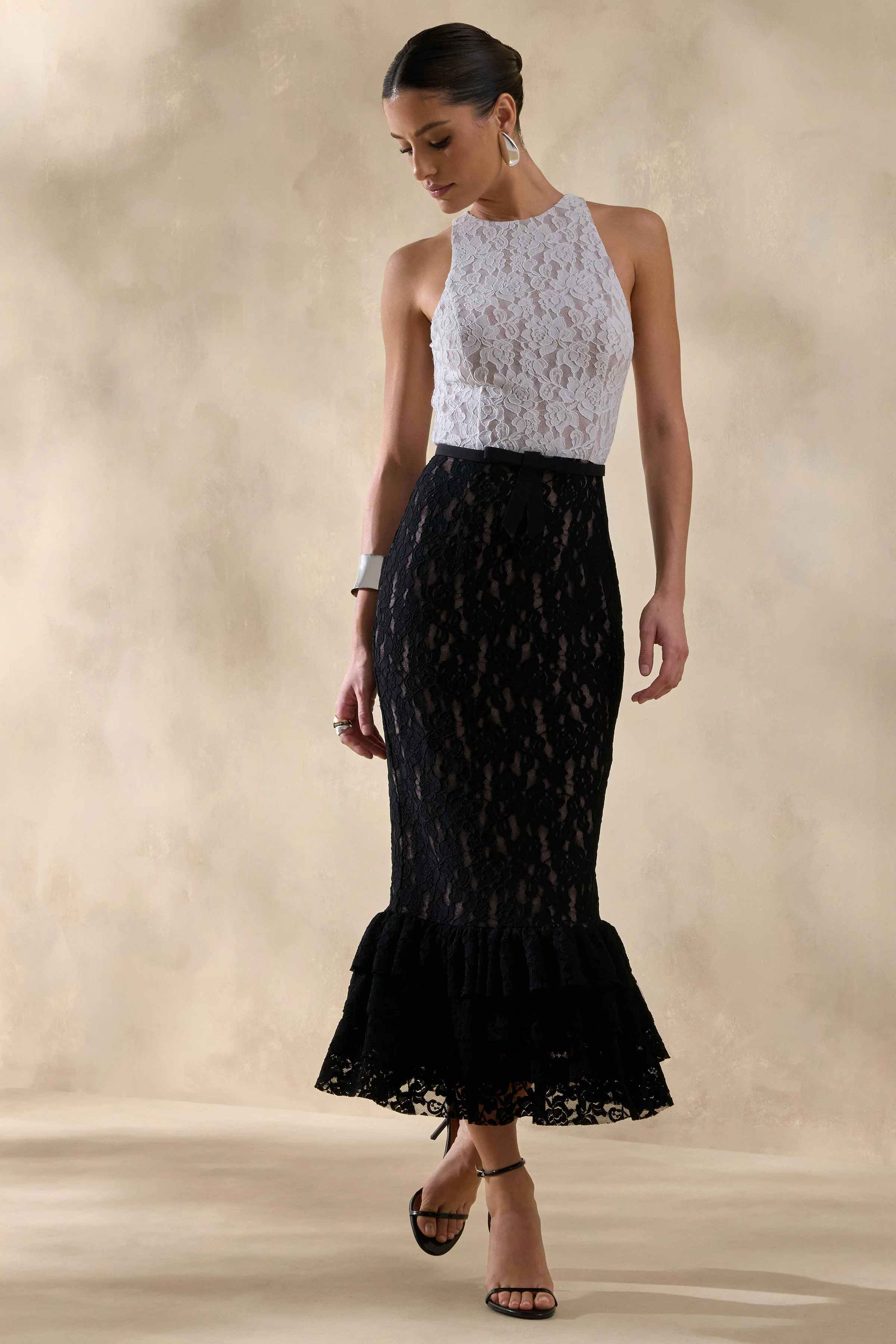 Vionna | Black And White Lace High-Neck Midi Dress With Bow-Belt Detail