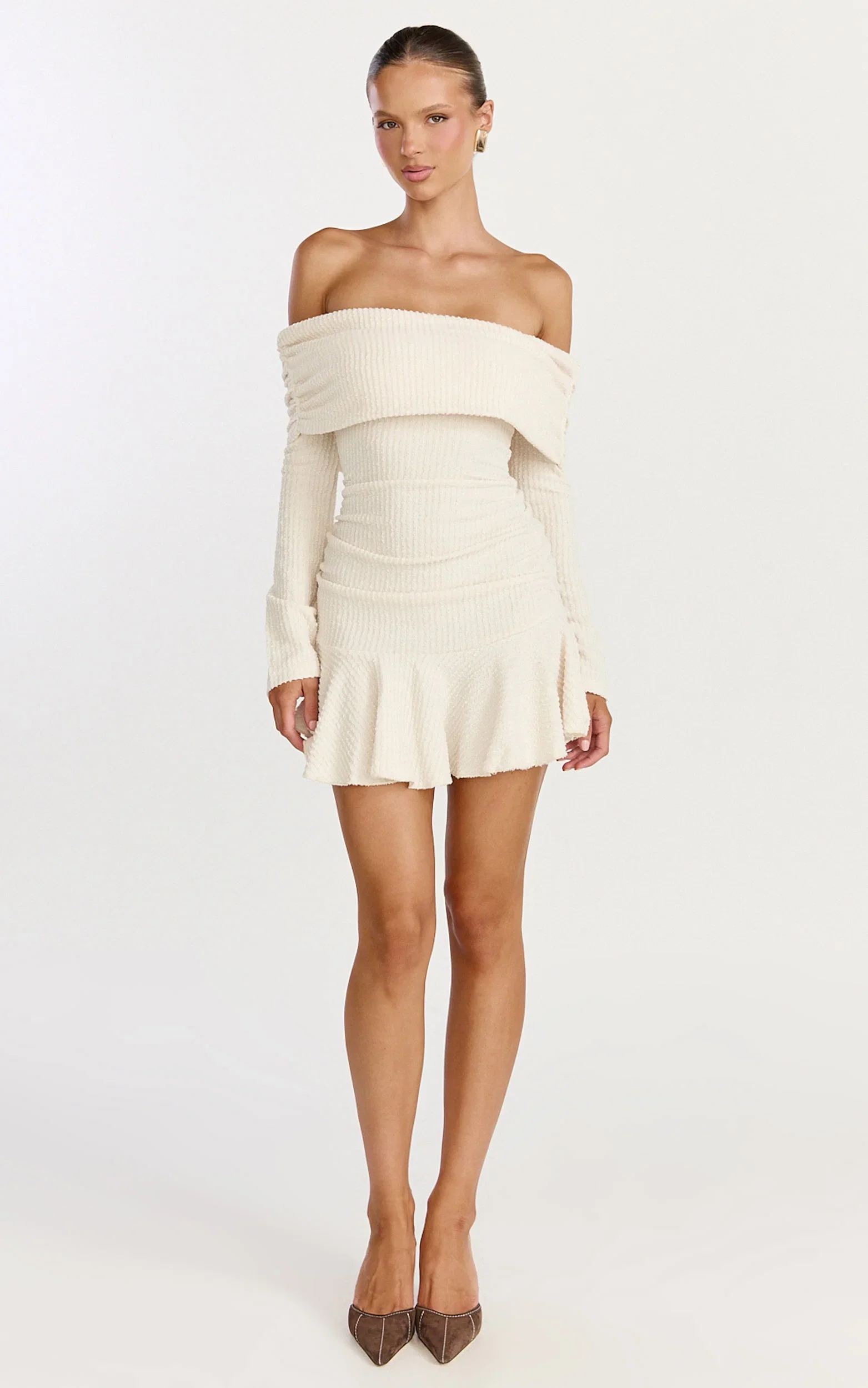 Maeve Mini Dress - Off Shoulder Long Sleeve Fit And Flare Mini Dress in Cream
