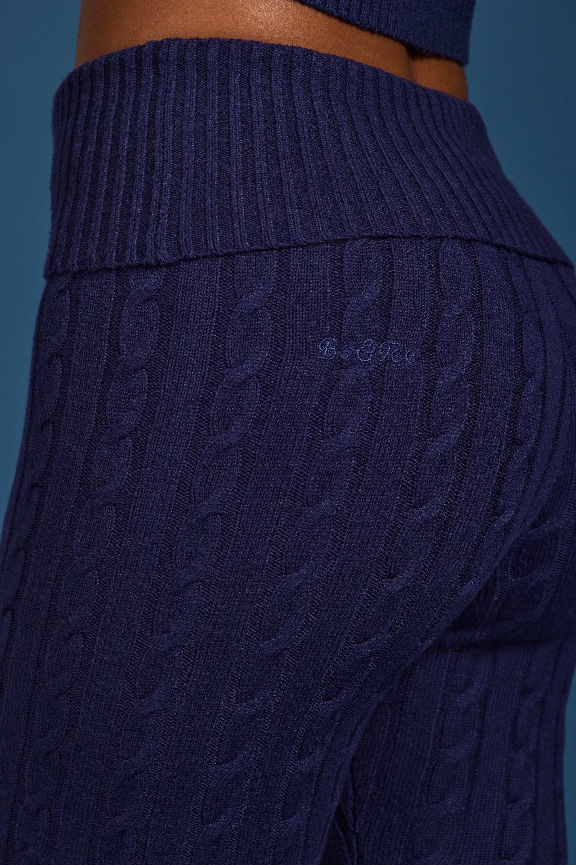 Cable Knit Foldover Flared Trousers in Navy