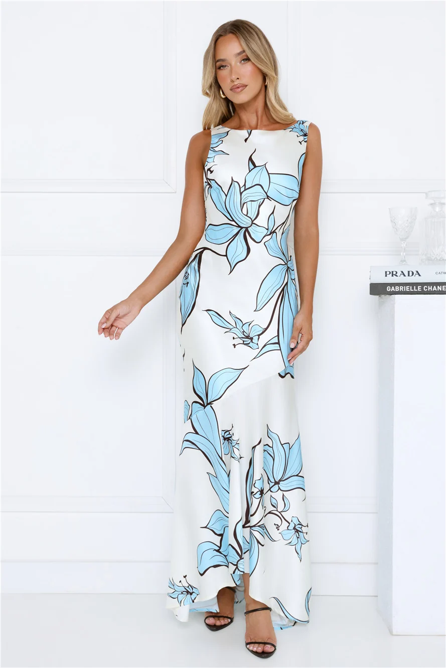 Beauty Untold Satin Maxi Dress Blue