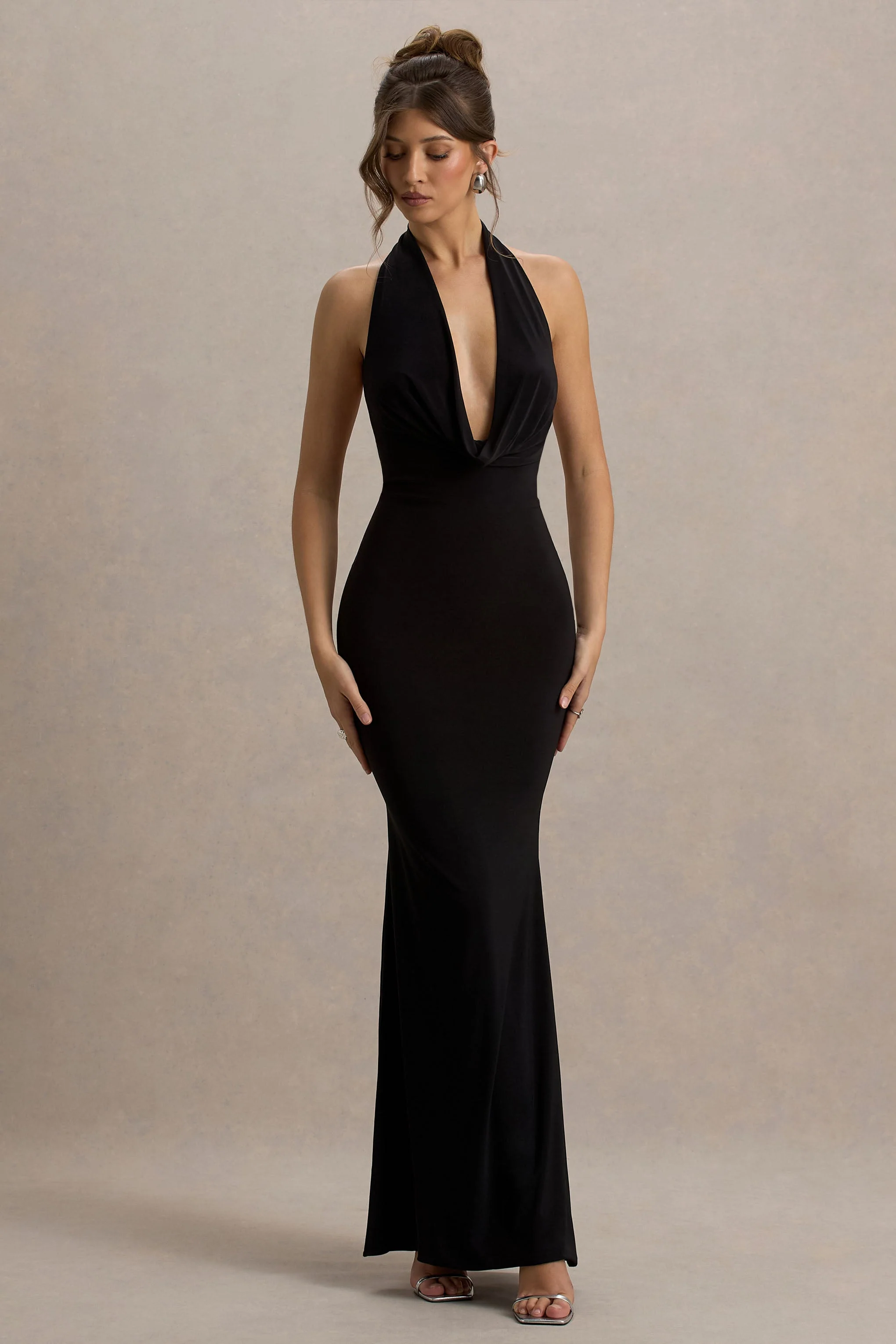 Milani | Black Backless Cowl Neck Fishtail Maxi Dress