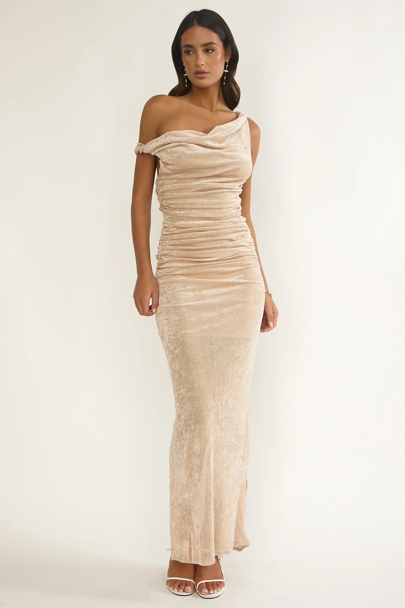 Callen Cowl Ruched Maxi Dress Champagne Silver - luluinthesky