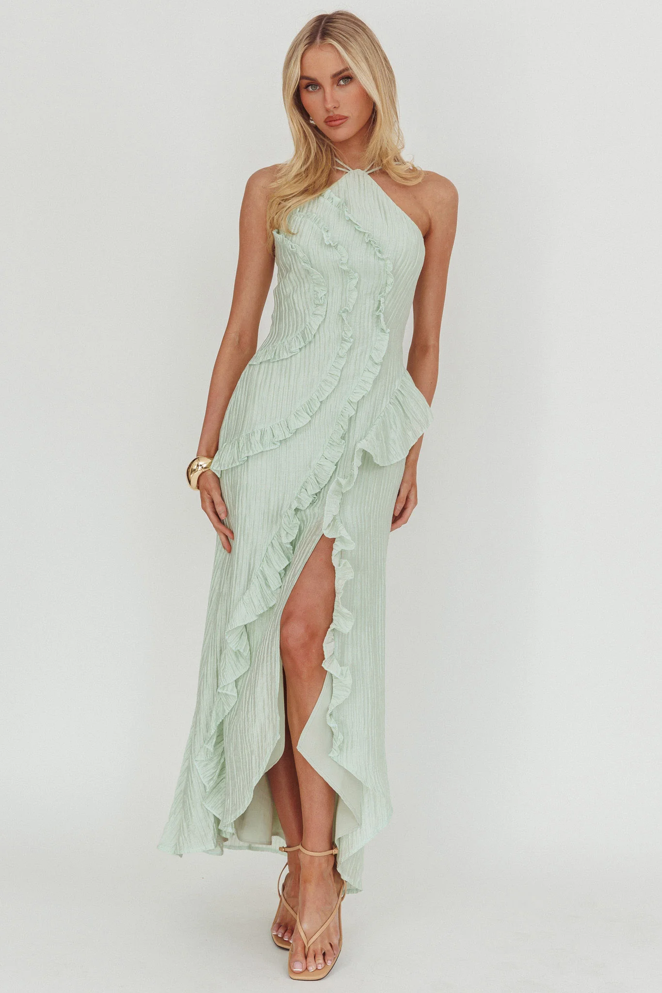 Nerisse Textured Frill Halter Maxi Dress Sage