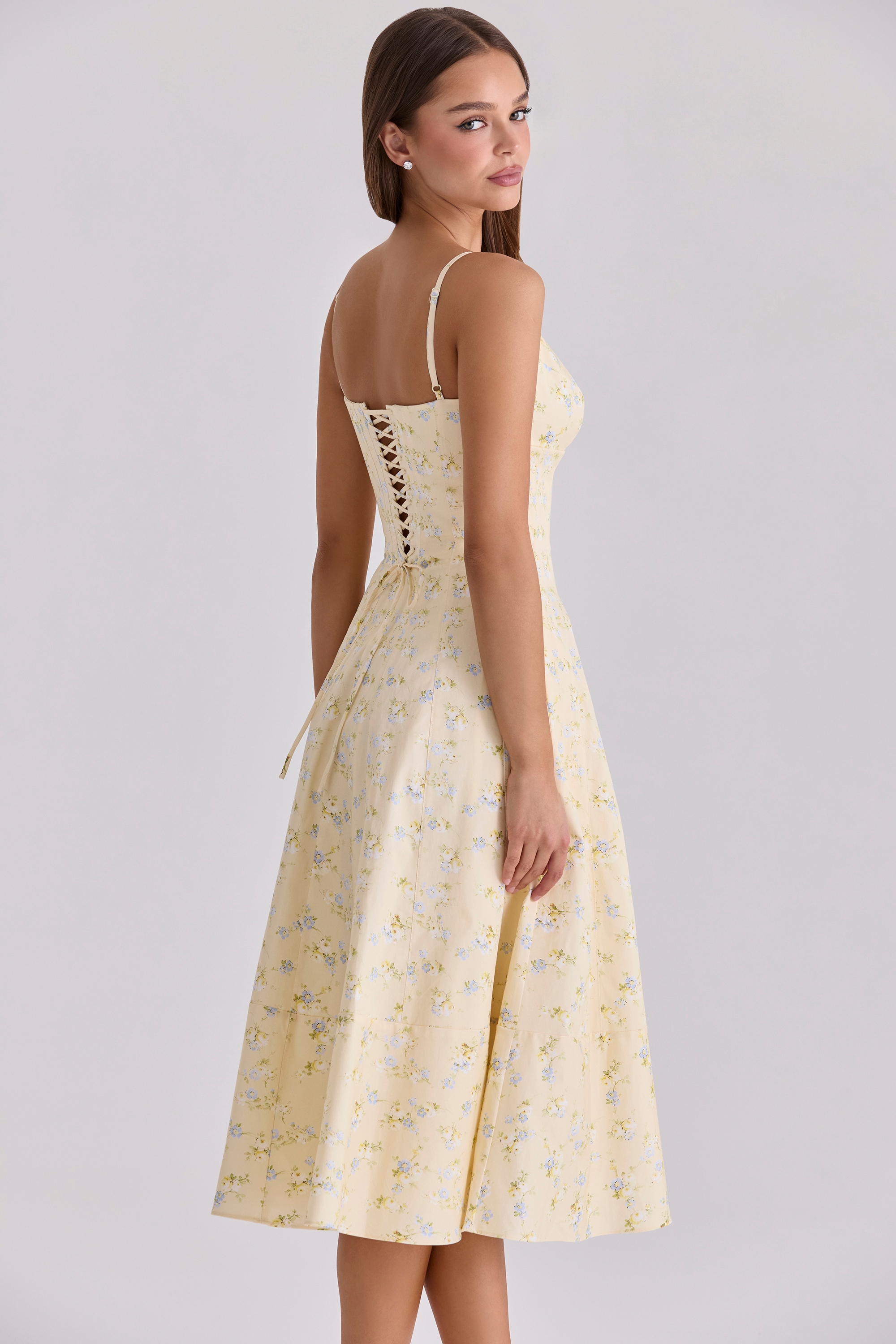 lemon floral print strappy cotton midi sundress