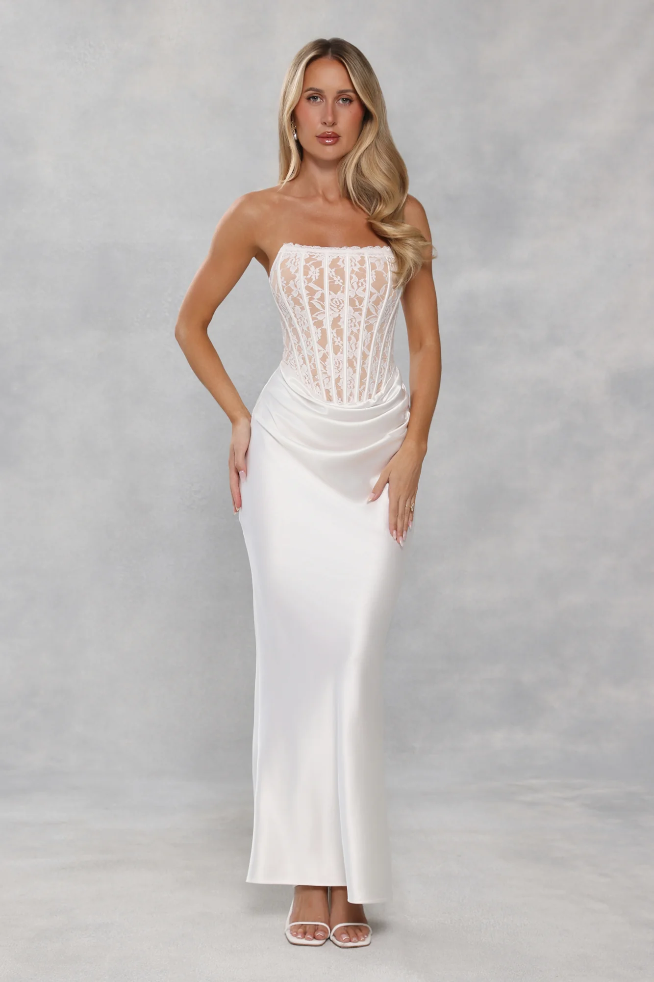 Love In Full Bloom Lace Satin Strapless Maxi Dress White