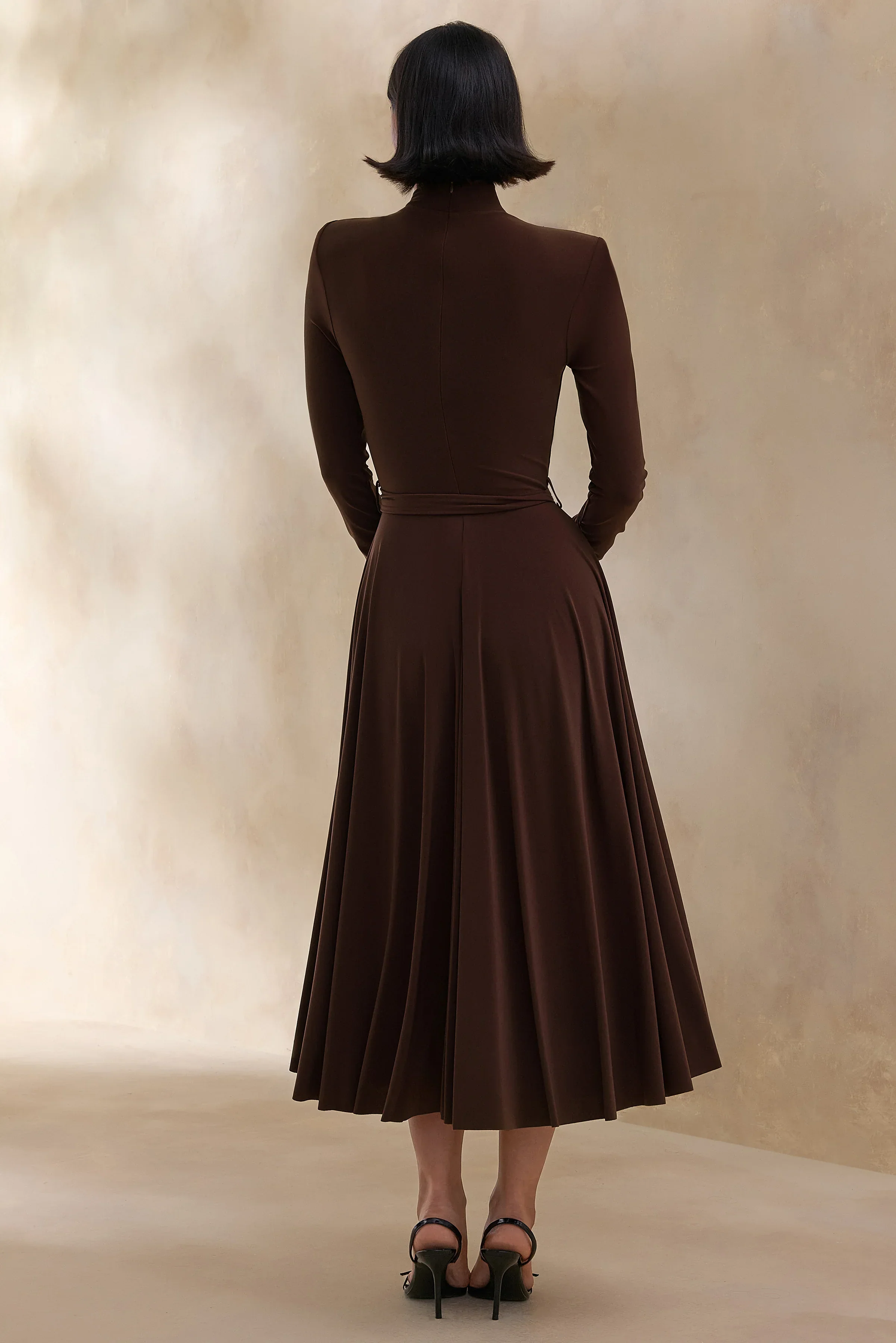 Opalia | Brown High-Neck Belted Midi Dress