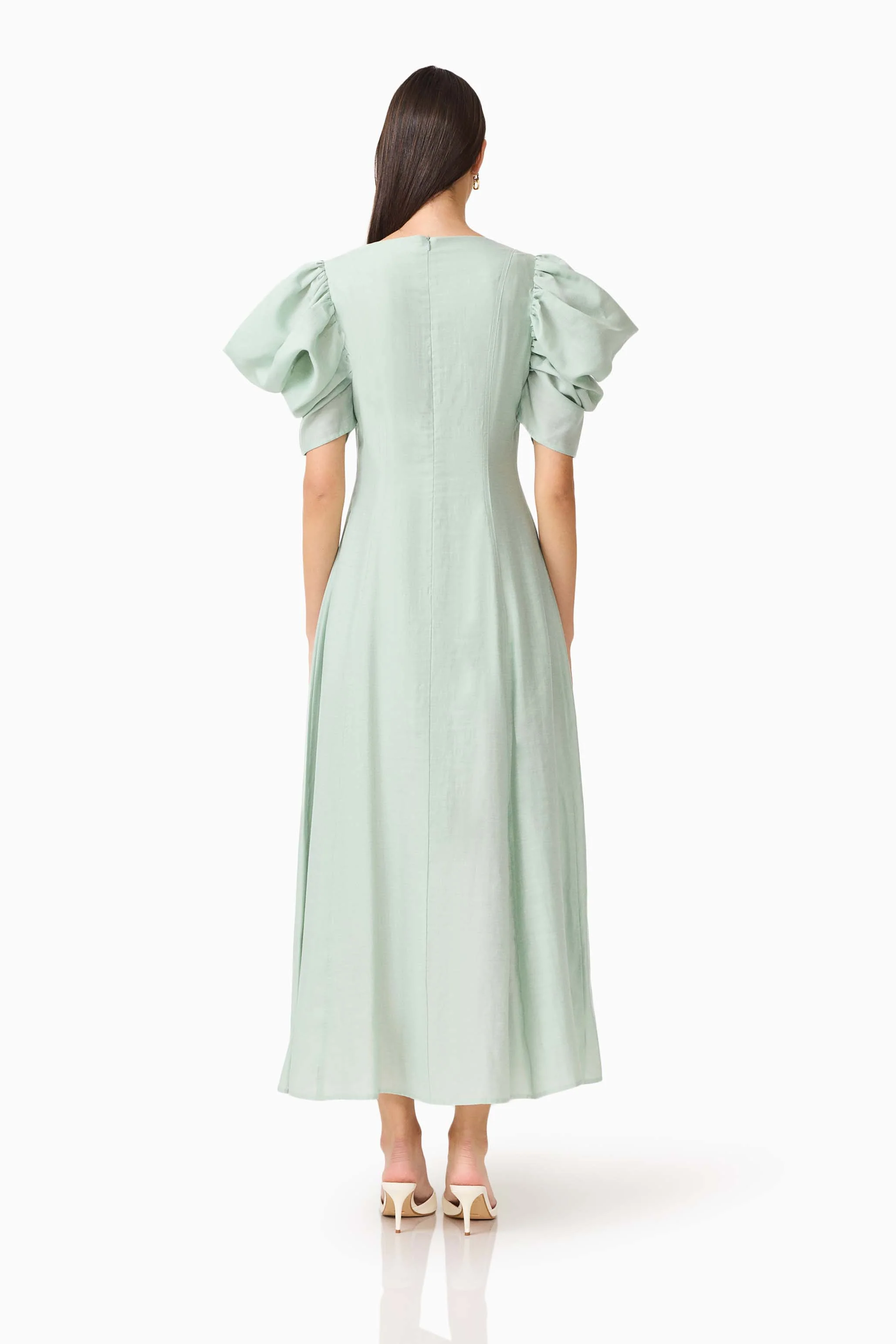 CURAAE Isaline Puff Sleeve Midi Dress in Sage Green