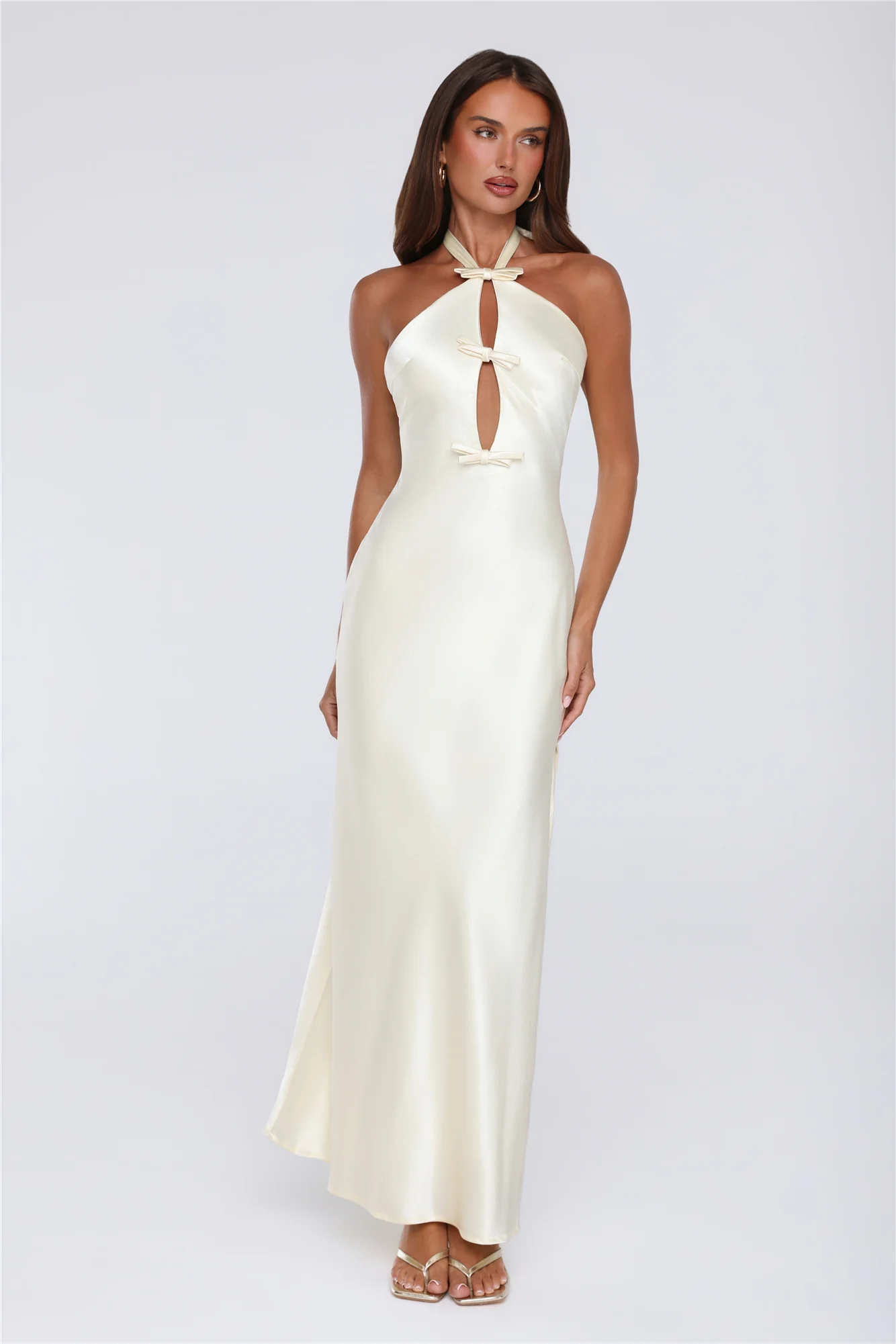 Sleek Halter Neck Cutout Satin Maxi Dress Yellow