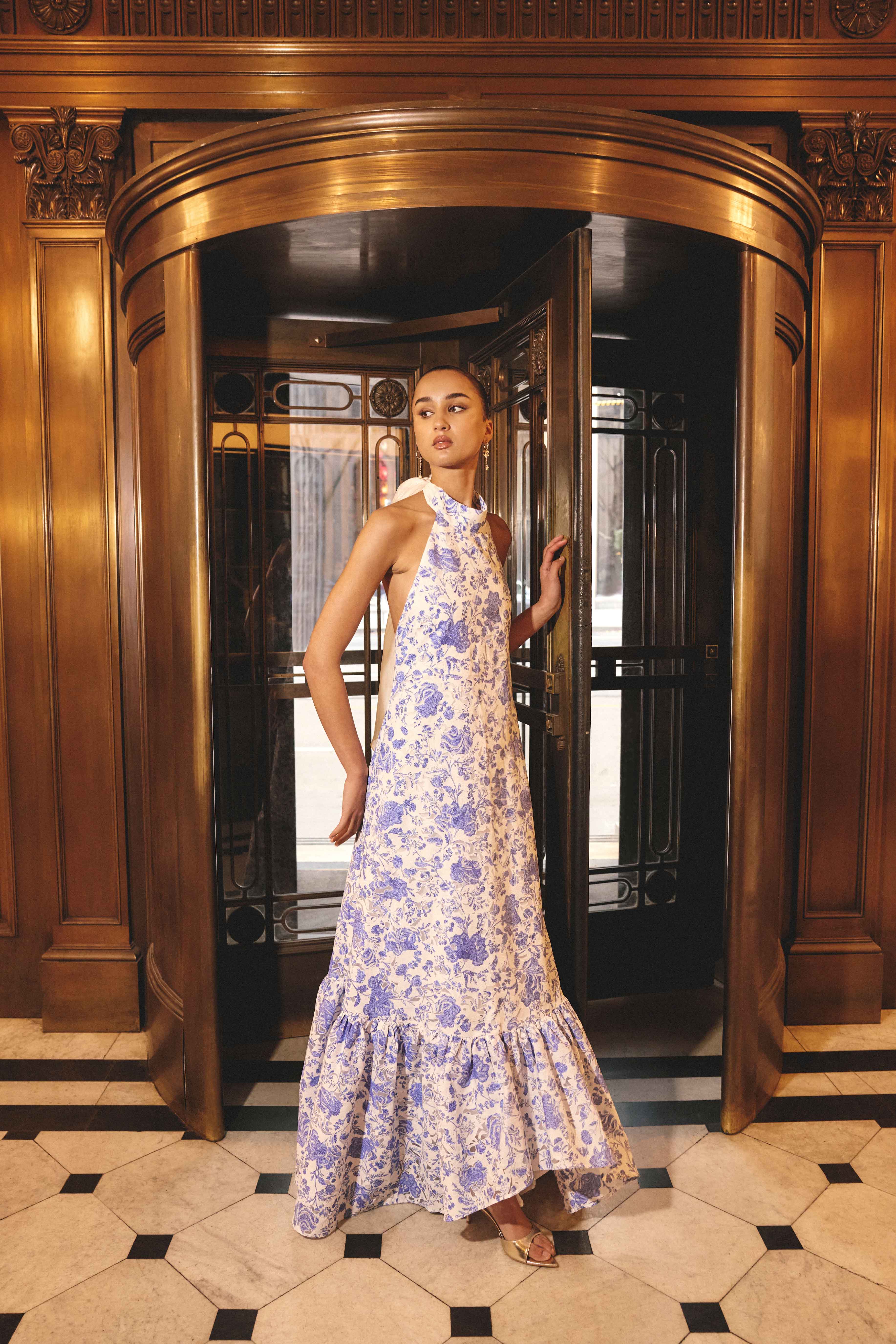 Elin Halter Gown in Blue Floral