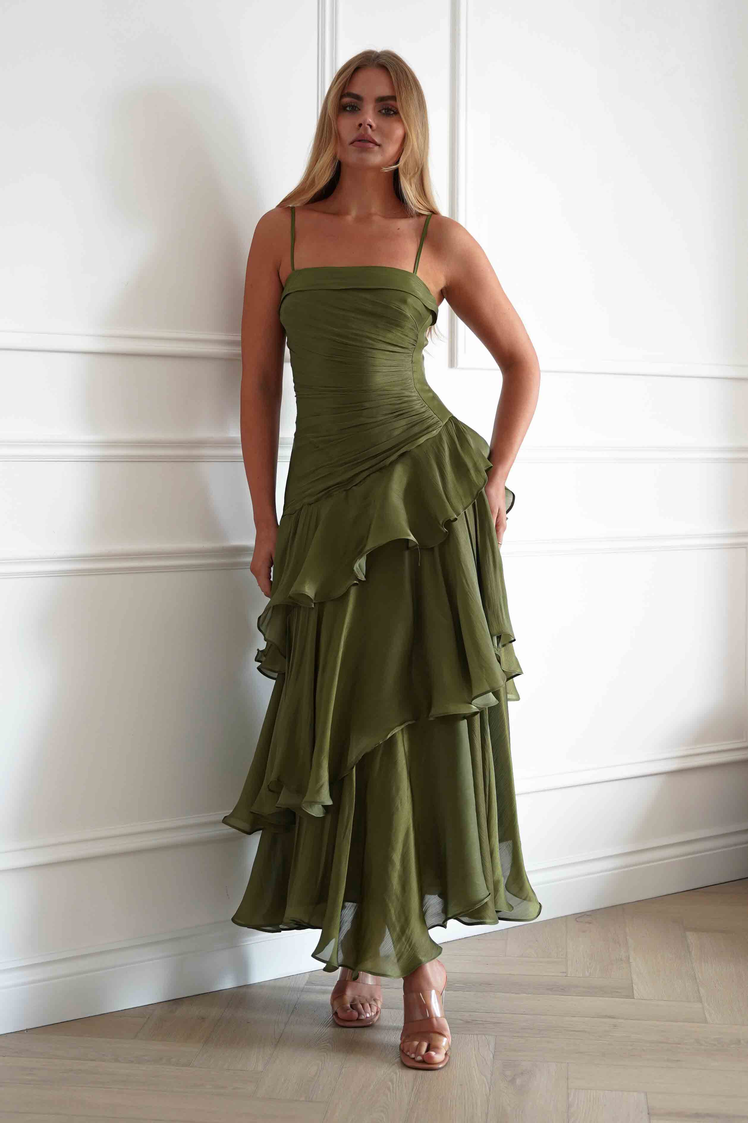 Renee Luminescent Ruffle Maxi Dress | Olive