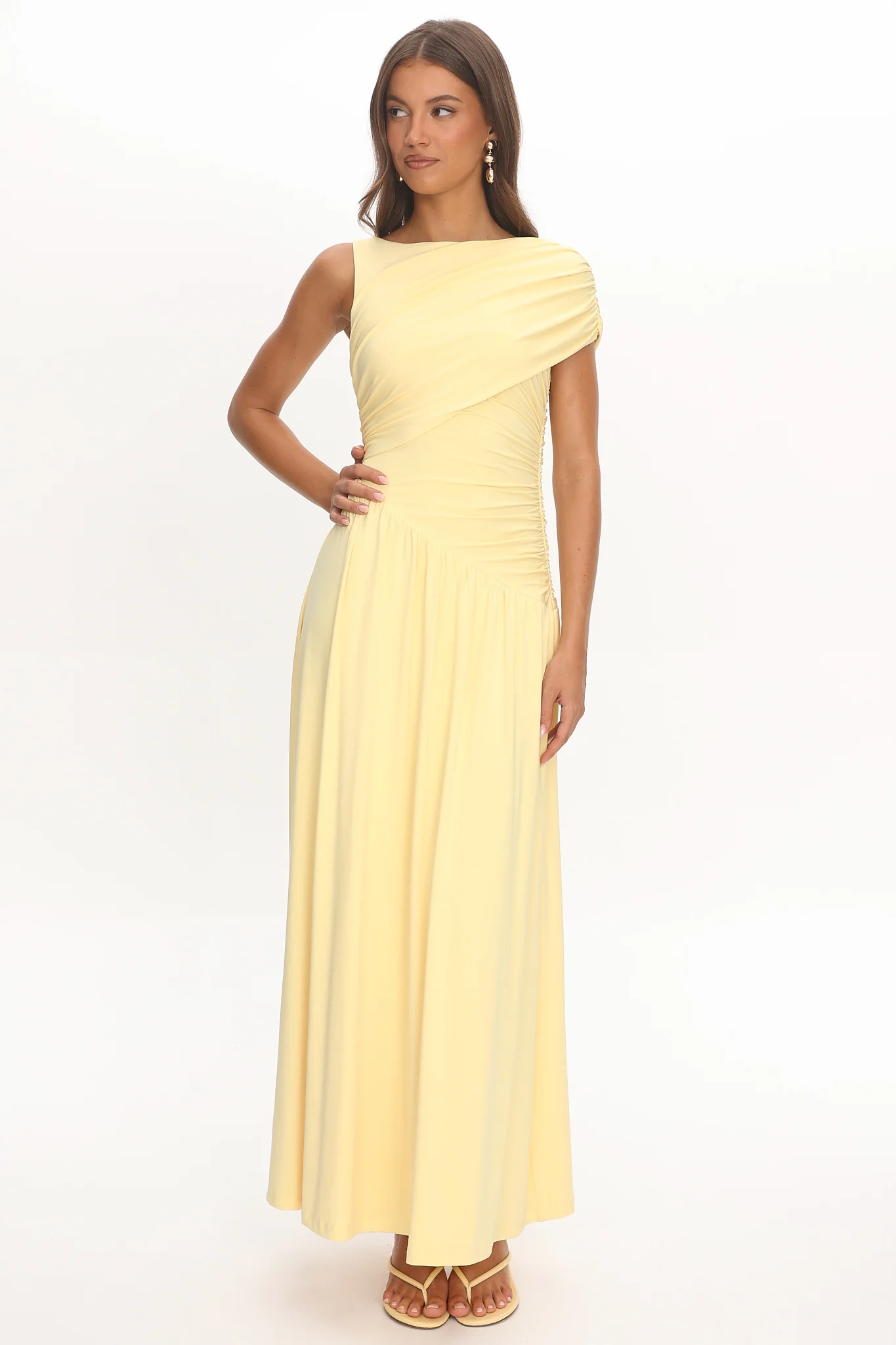 Adiel Ruched Asymmetric Waist Maxi Dress Butter - FASHION NOB