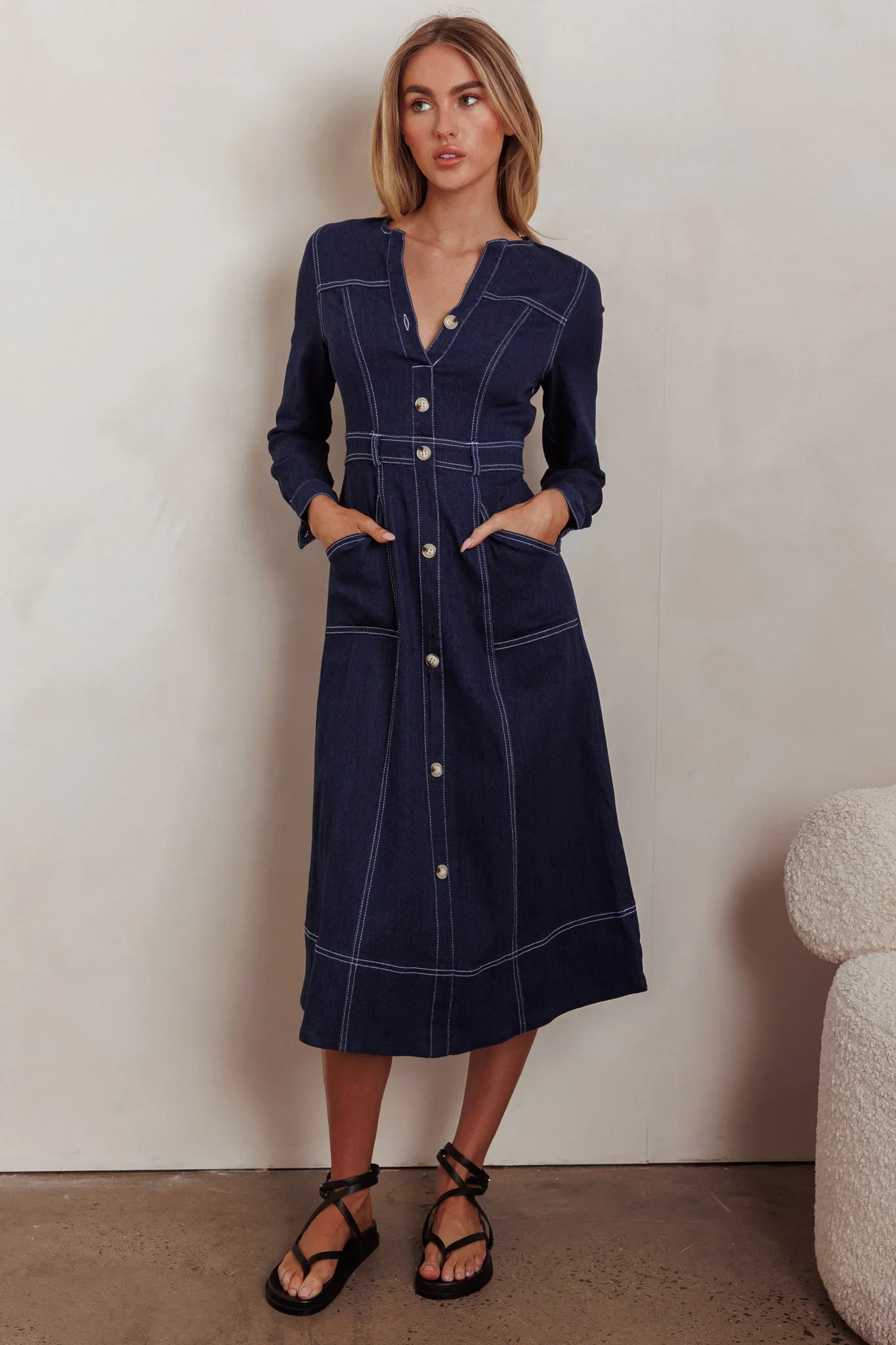 Aspen Love Front Pocket Long Sleeve Midi Dress Indigo