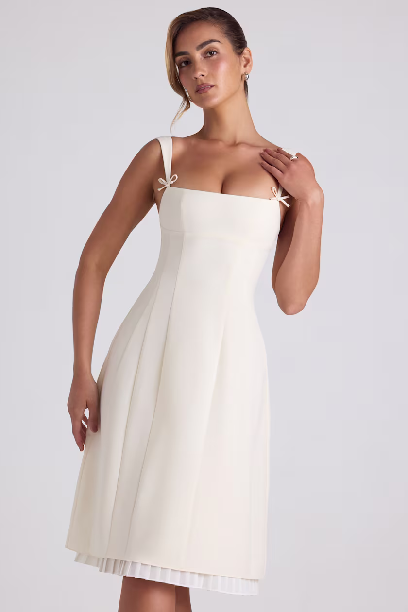 Bow-Detail Pleated A-Line Midi Dress In Ivory