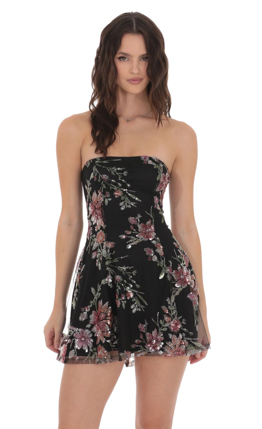 Sequin Floral Strapless Dress in Black
