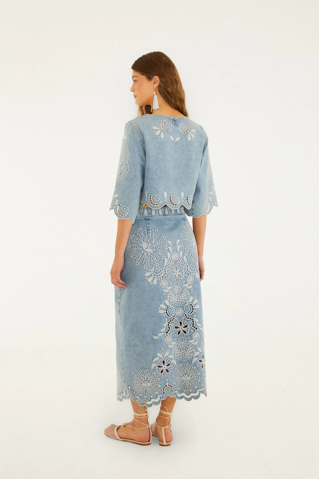 FARM Rio Denim Richelieu Wavy Hem Midi Skirt