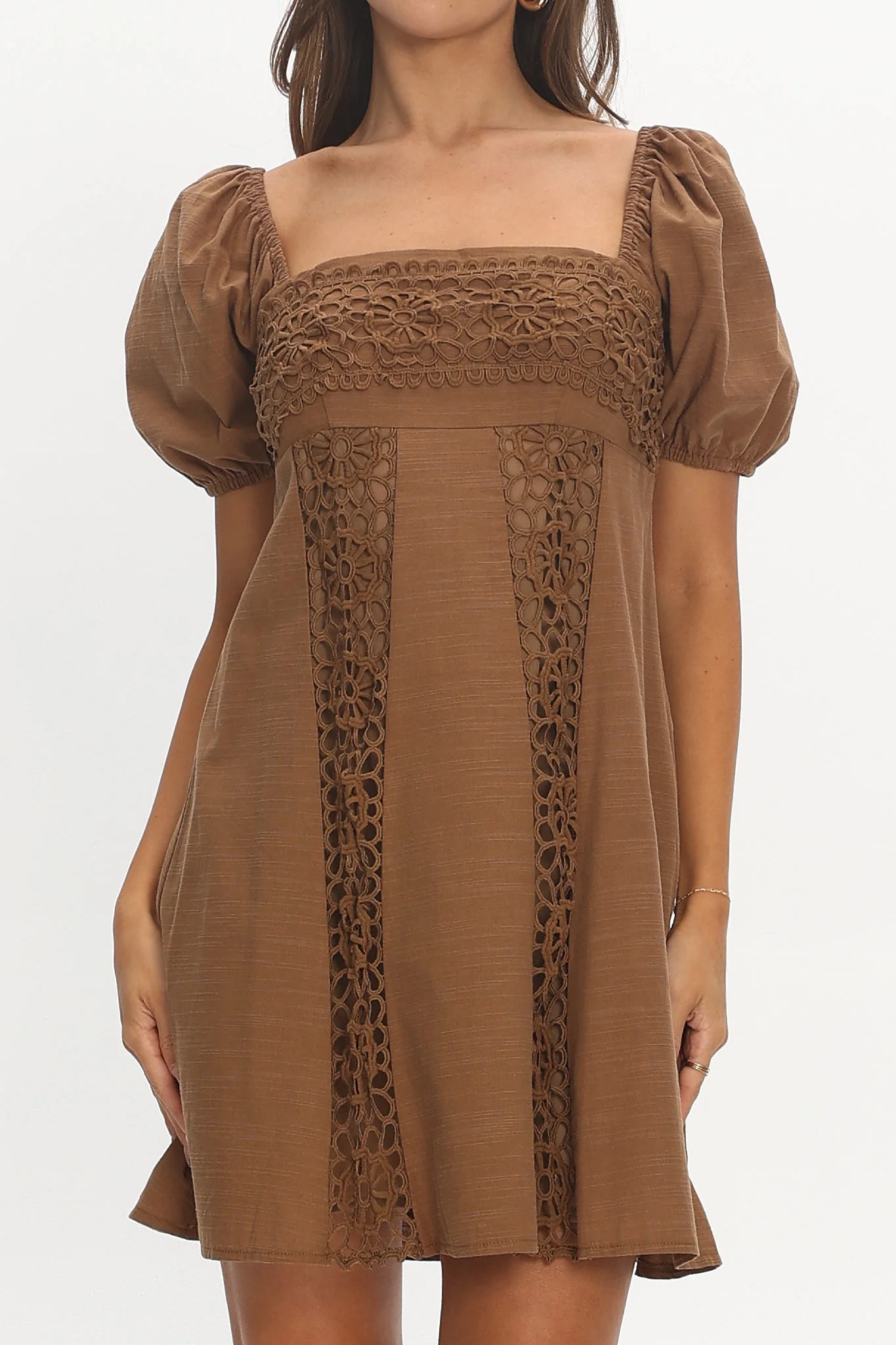 Highlight Reels Puff Sleeve Lace Mini Dress Chocolate - luluinthesky