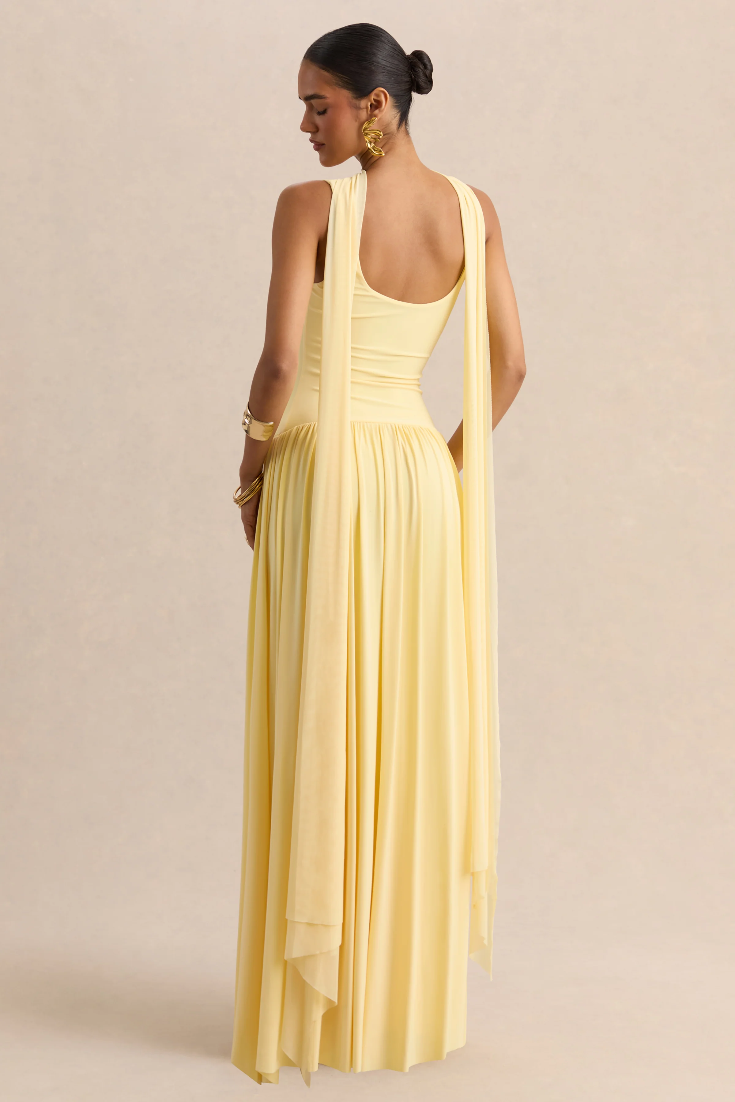 Aurina | Lemon Square-Neck Maxi Dress With Scarf-Detail