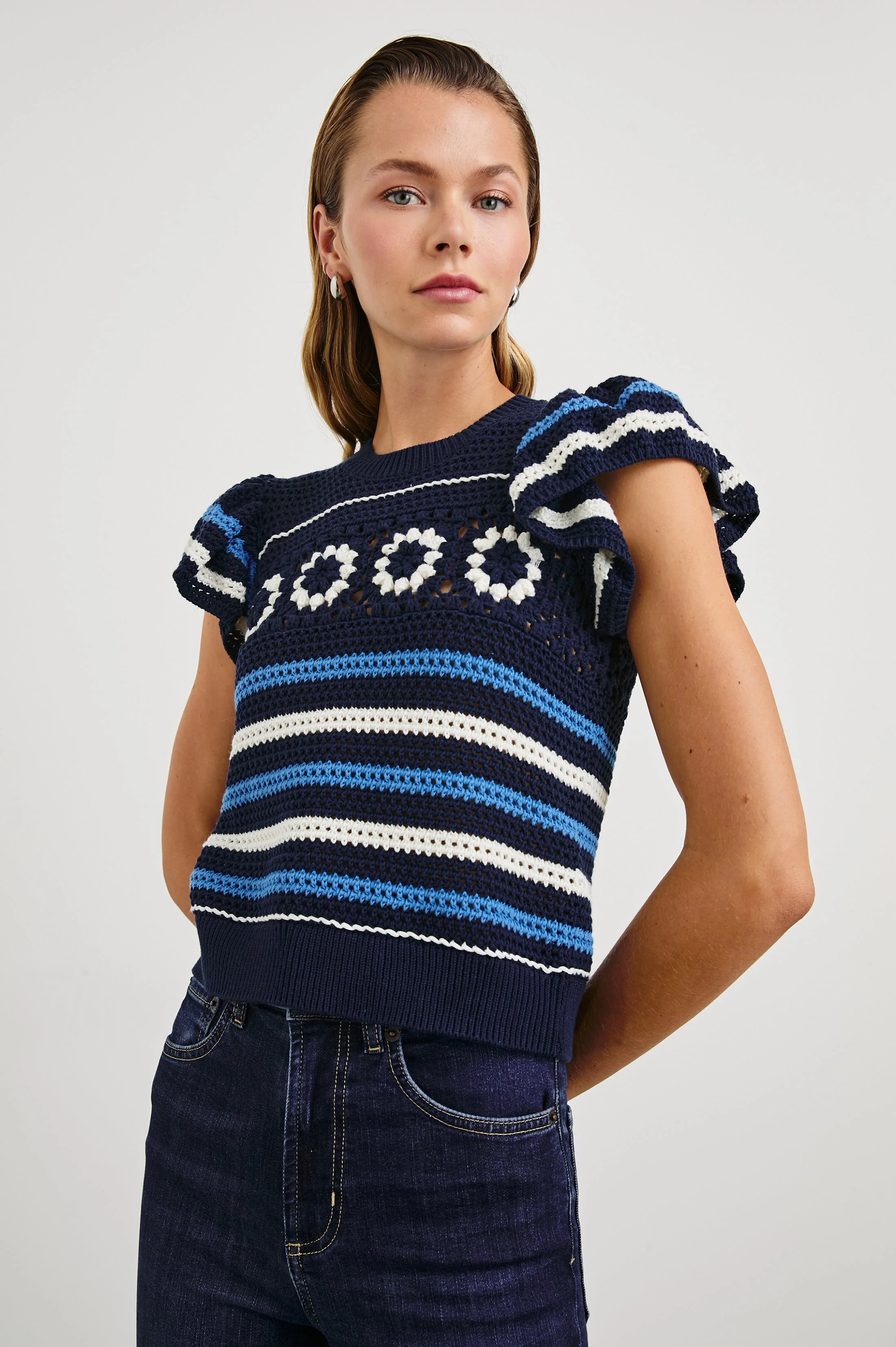 Penelope Top - Navy Sky Crochet Stripe