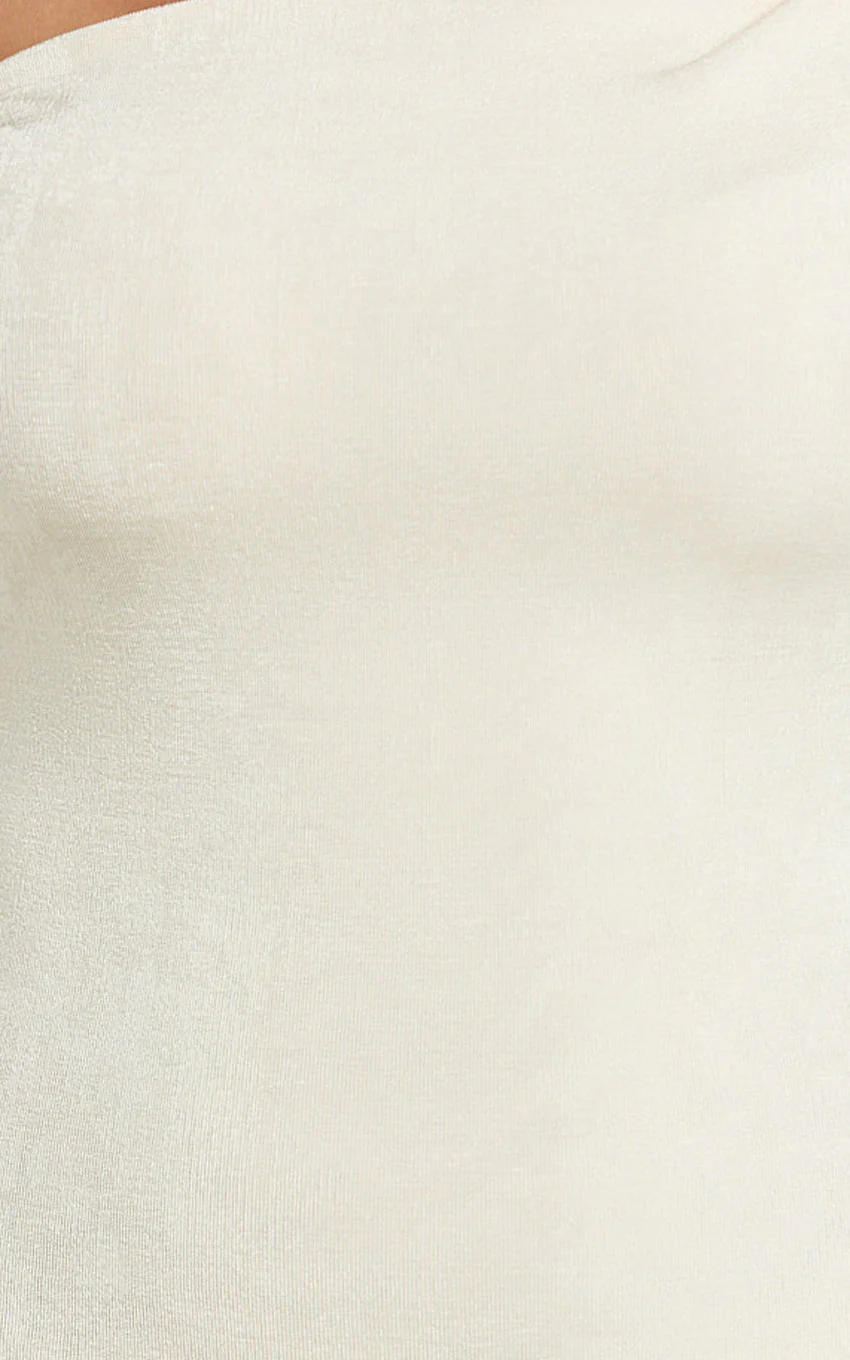 Isabel Midi Dress - Twist Off Shoulder Bodycon Dress in Cream - luluinthesky