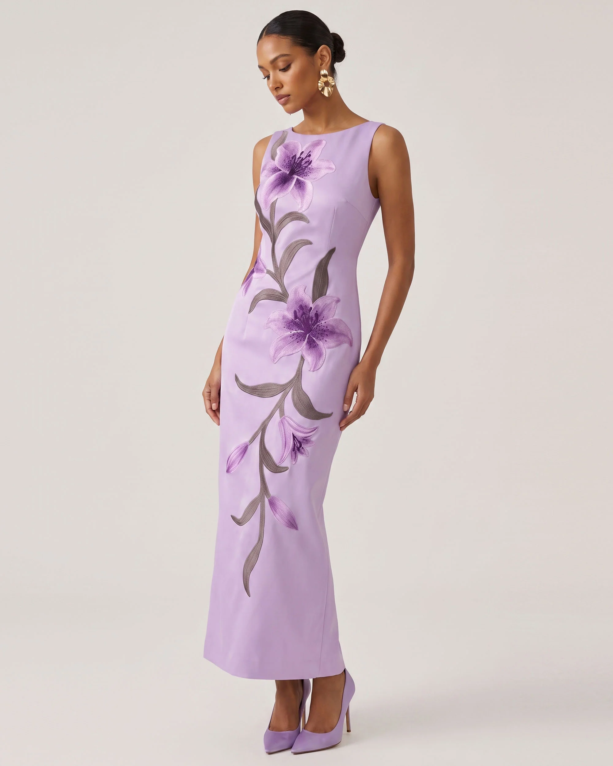 Lily Floral Print Sleeveless Column Maxi Dress - Light Purple - FASHION NOB