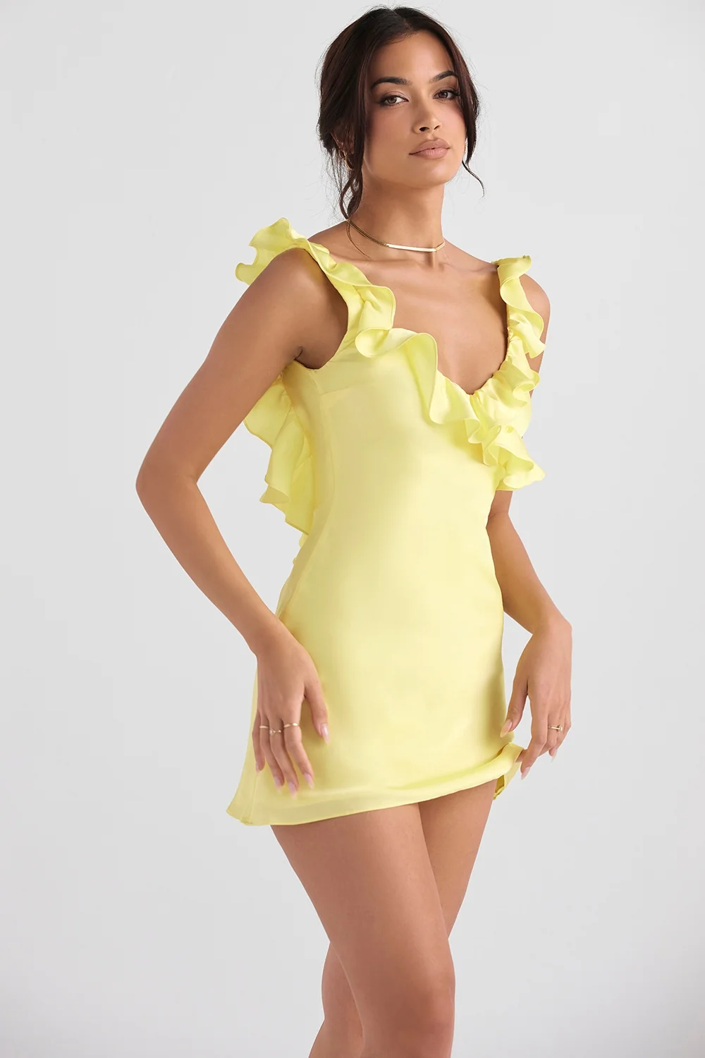 buttercup satin ruffle mini dress