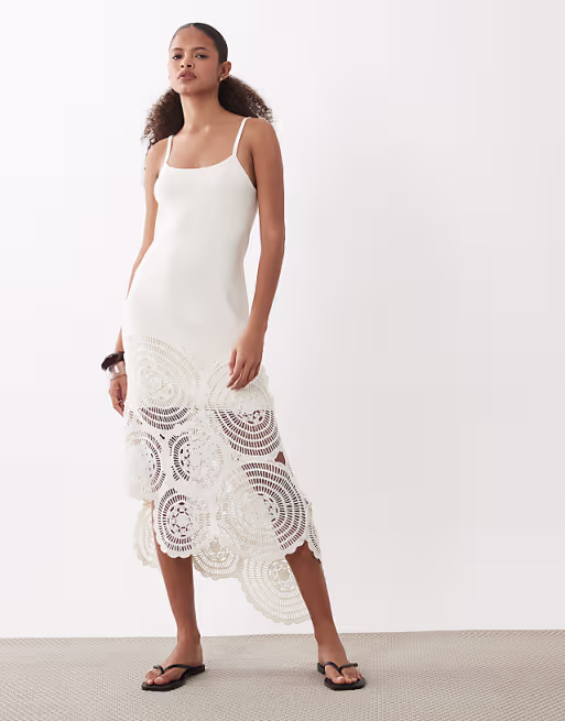 compact knit contrast crochet midi dress in white