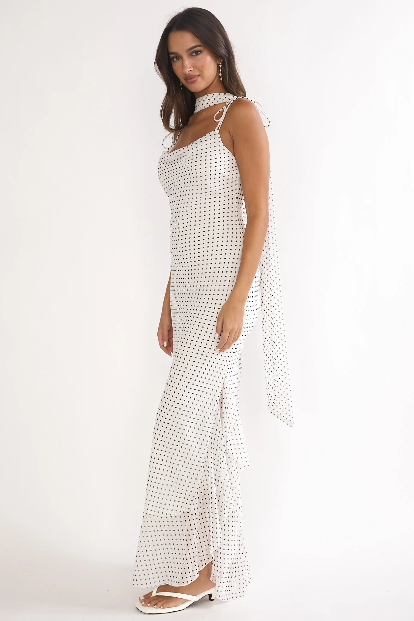 Emmara Tied Shoulder Maxi Dress Polka Dot White - luluinthesky