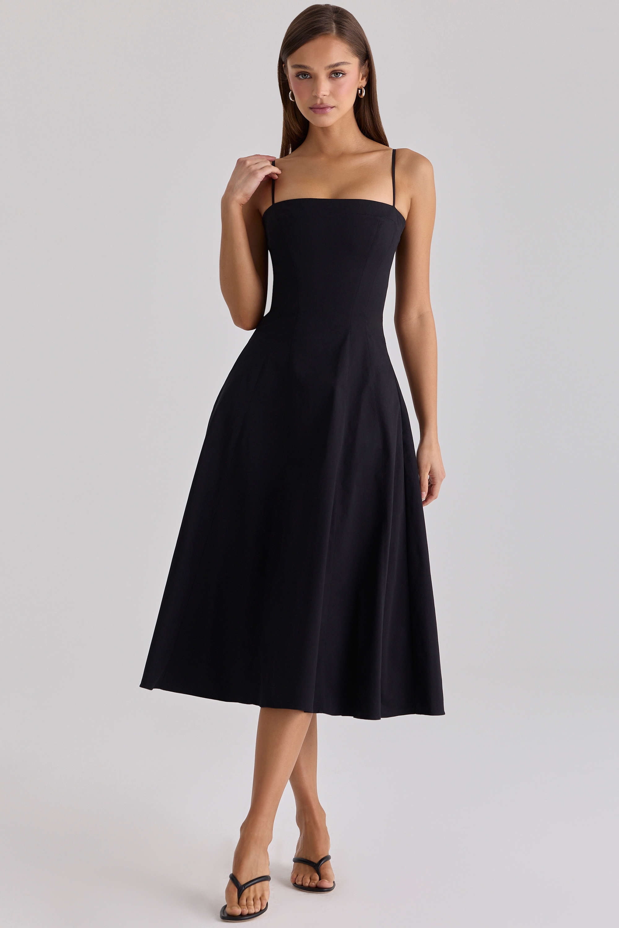 black cotton flared midi sundress