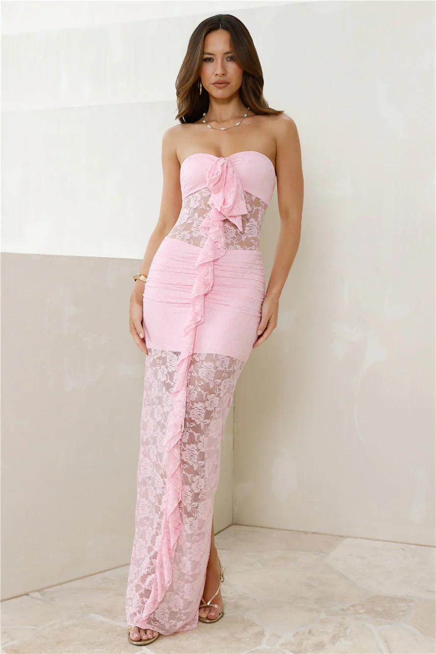 Princess Perks Strapless Lace Maxi Dress Pink - luluinthesky