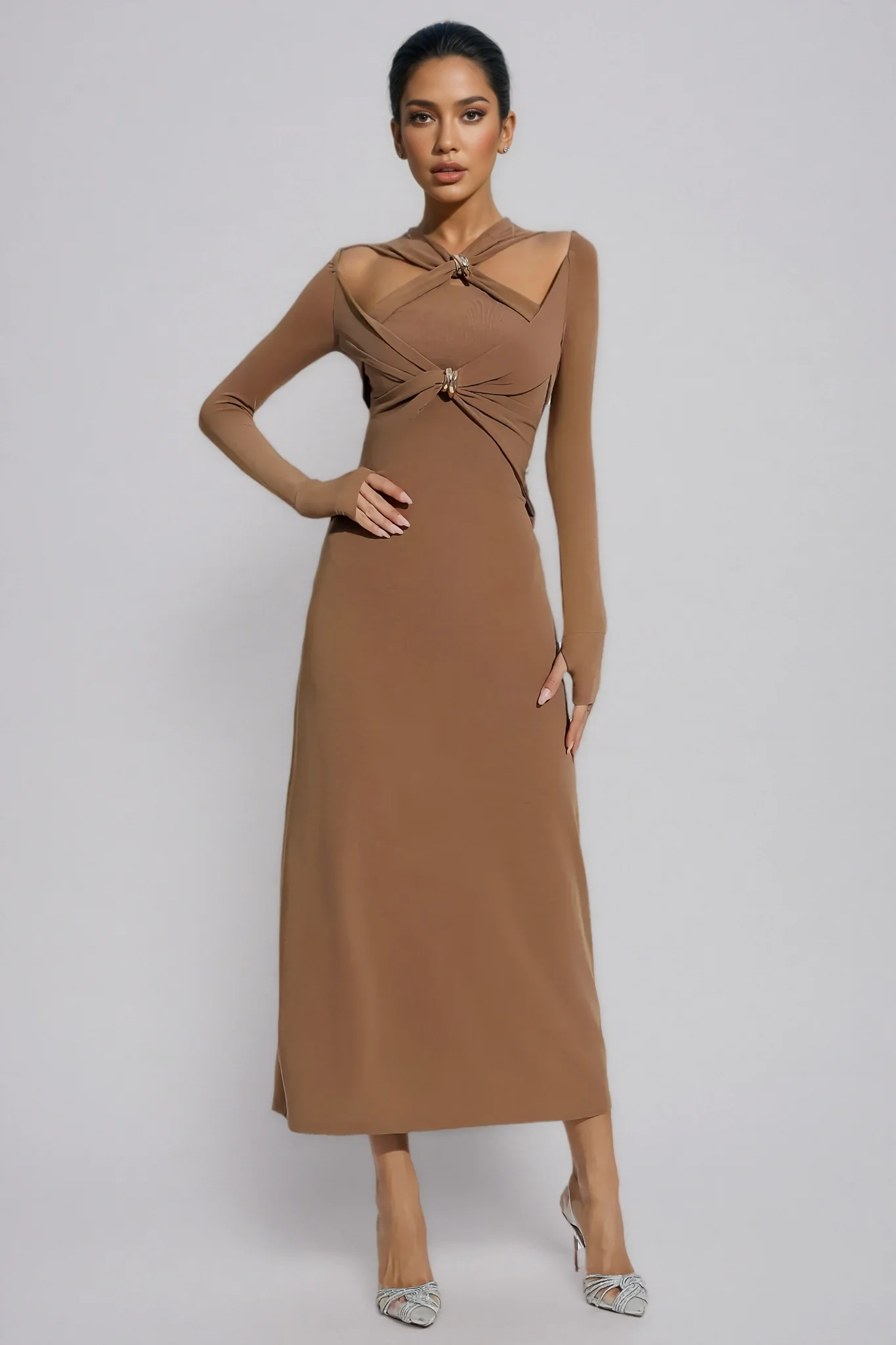 Ilana Solid Colour Strappy Maxi Dress-Brown