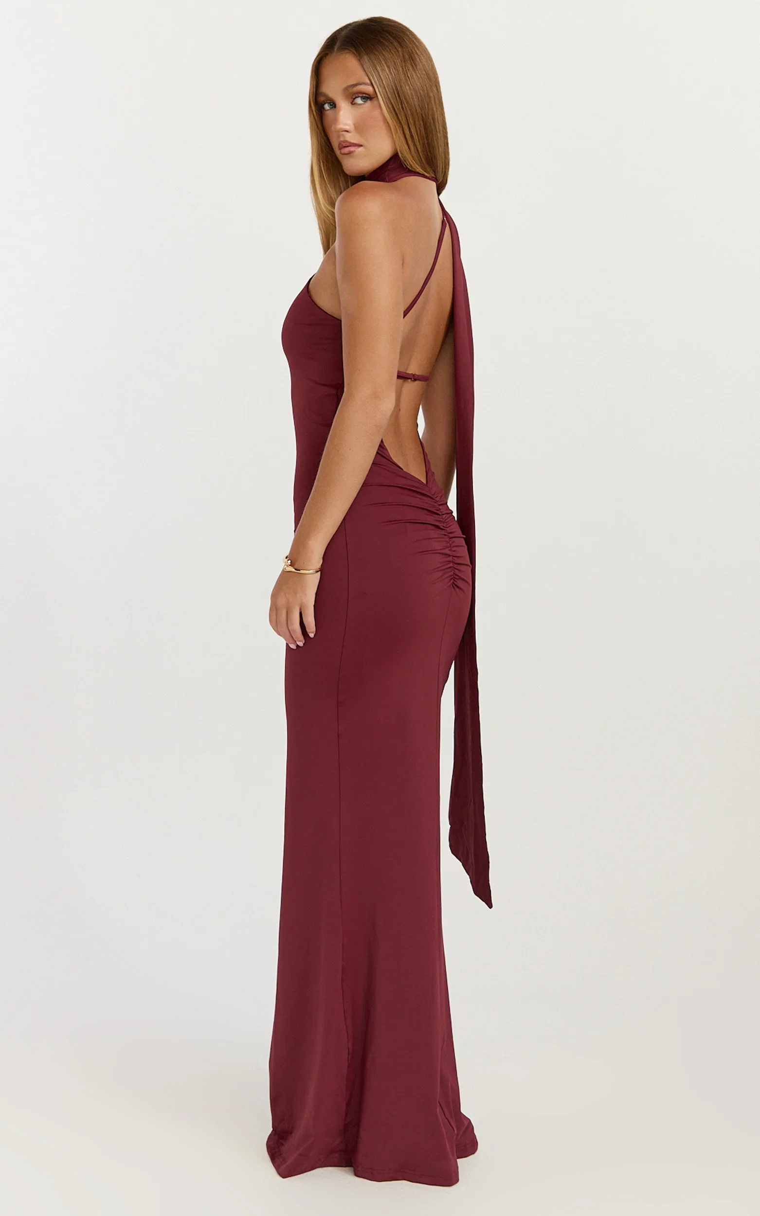 Seraphine Maxi Dress - Halter Neck Low Back Fit And Flare Dress in Wine