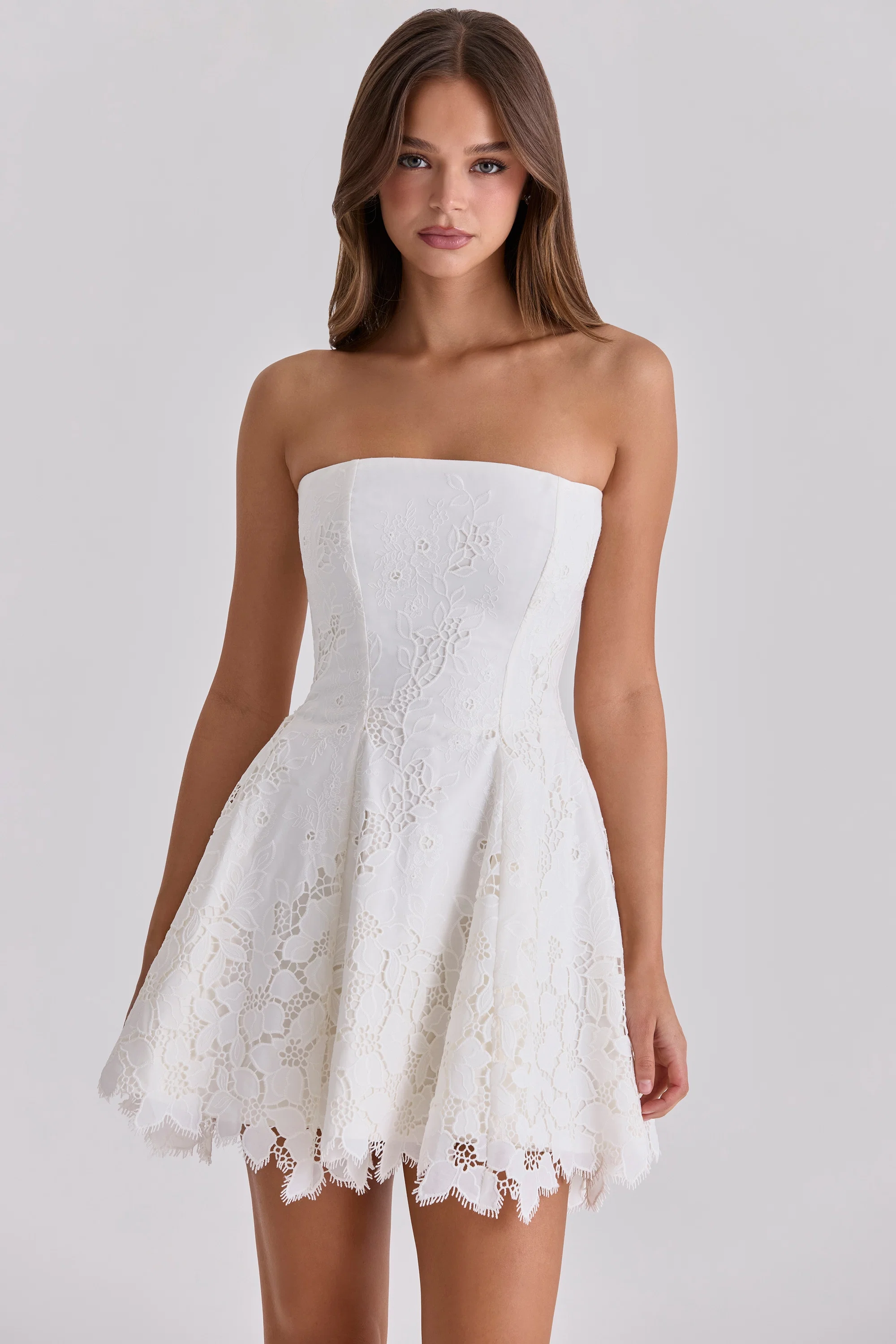 white strapless custom lace broderie anglaise mini dress