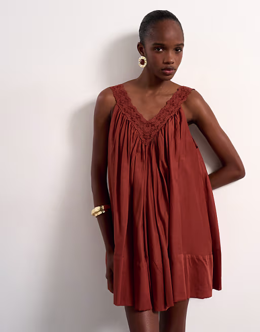 Topshop cotton deep v lace trapeze mini dress in rust