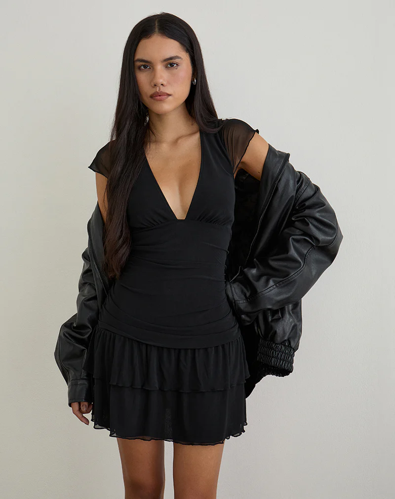 Mowgli Cap Sleeve Mini Dress in Black