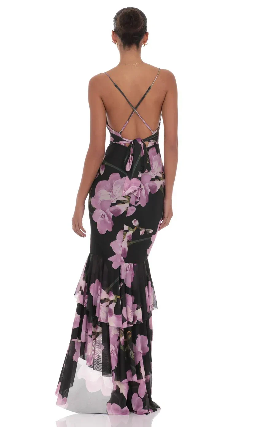 Mesh Floral Ruffle Fishtail Maxi Dress in Black