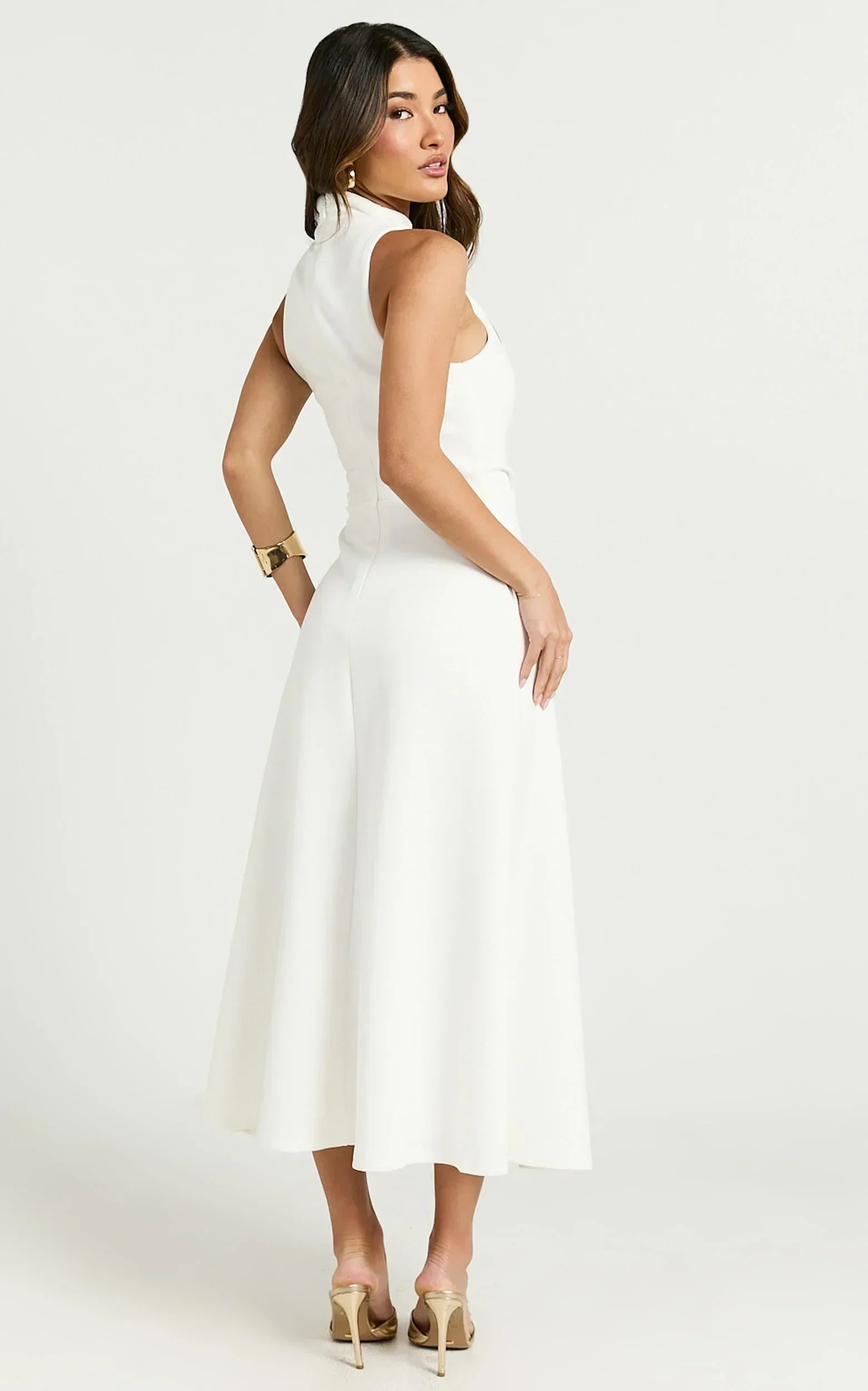 Macy Midi Dress High Neck A Line Dress in Off White - luluinthesky