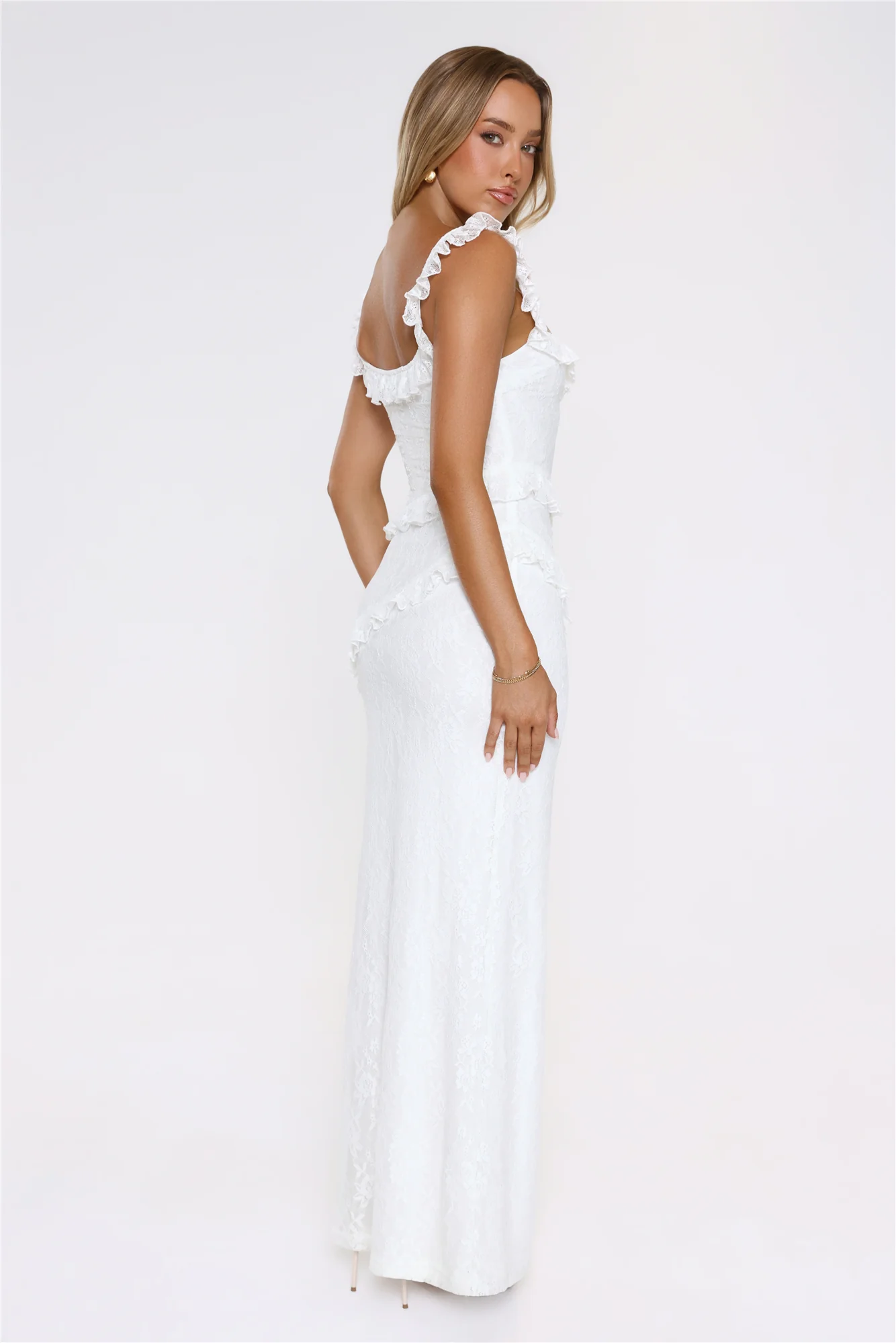 Golden Dusk Lace Maxi Dress White - luluinthesky